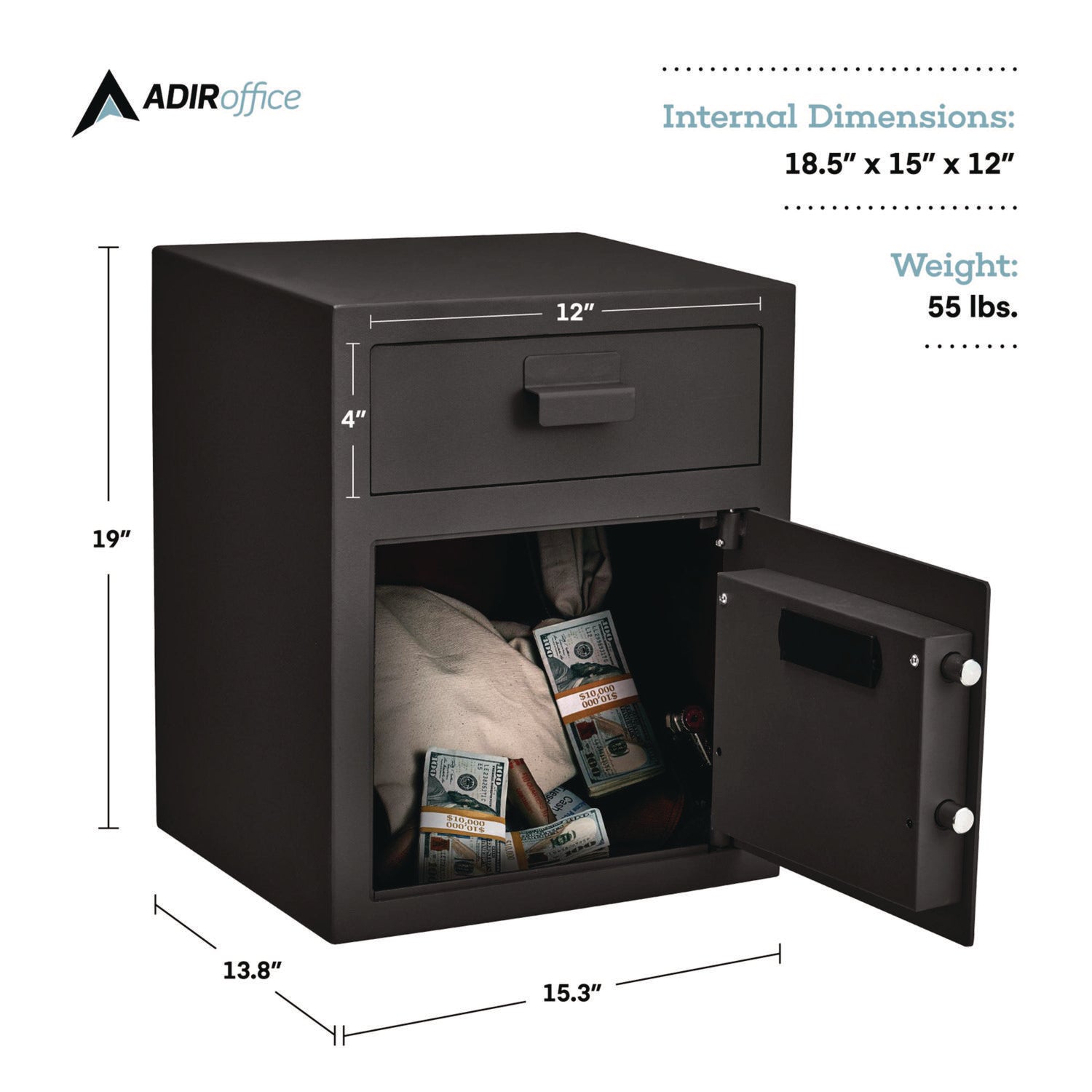 AdirOffice 1.1 cu ft Steel Digital Secure Money Deposit Safe with Digital keypad, 15.3 x 13.5 x 19, Black