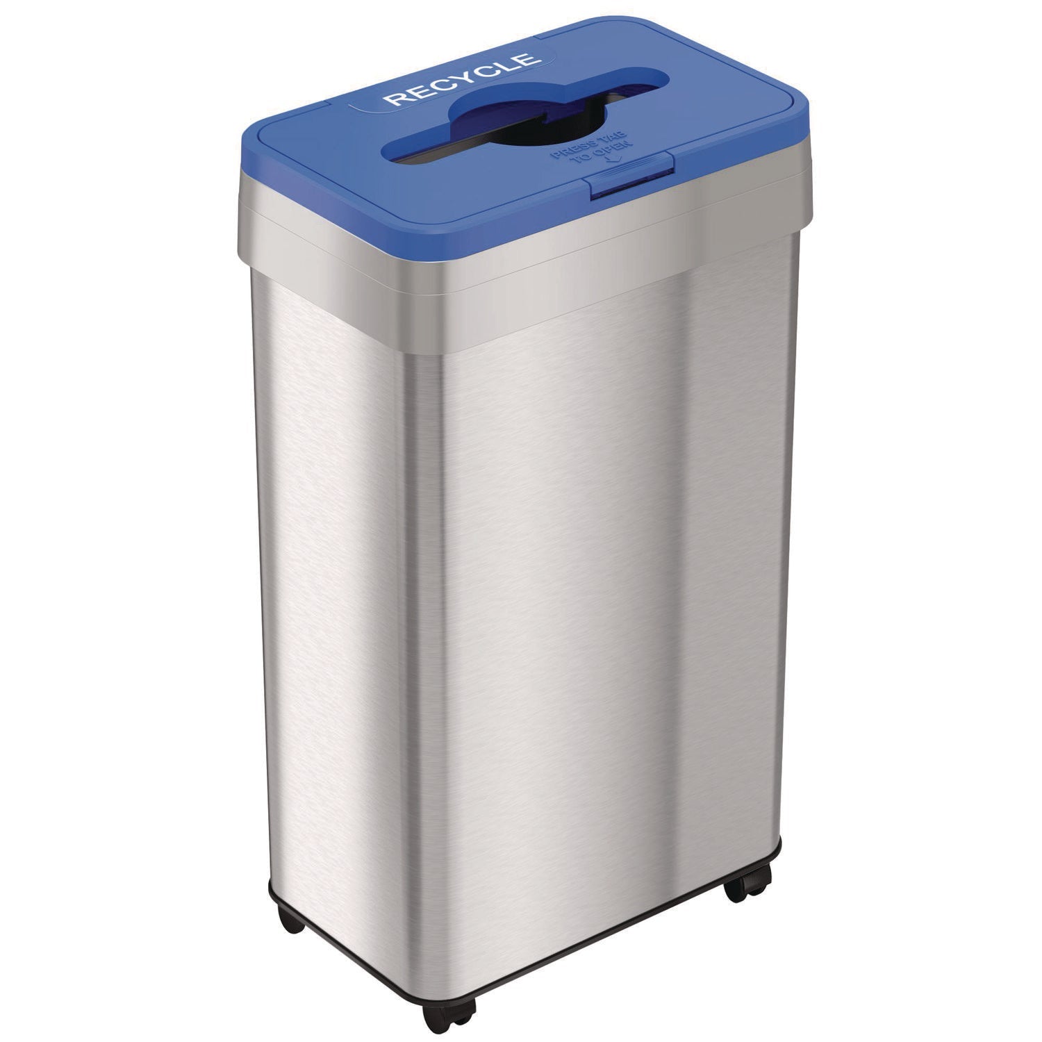 HLS Commercial® Open Top Recycling Bin with Wheels and Color-Coded Lid, 21 gal, Plastic/Stainless Steel, Silver/Blue