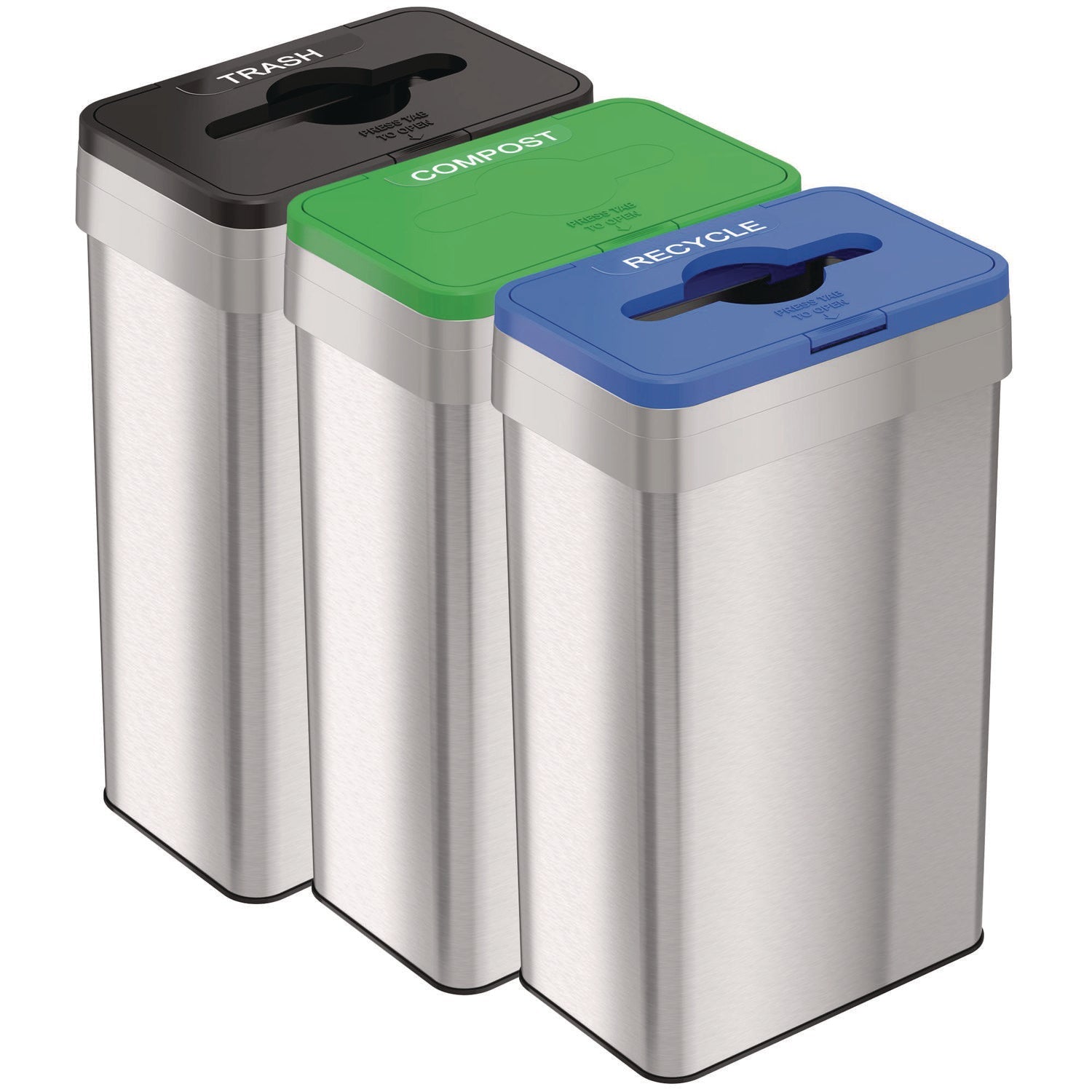 HLS Commercial® Open Top Trash Can/Recycle Bin/Compost Bin w/Color-Coded Lids Set, 21 gal, Plastic/Stainless Steel, Silver/Black/Blue/Green