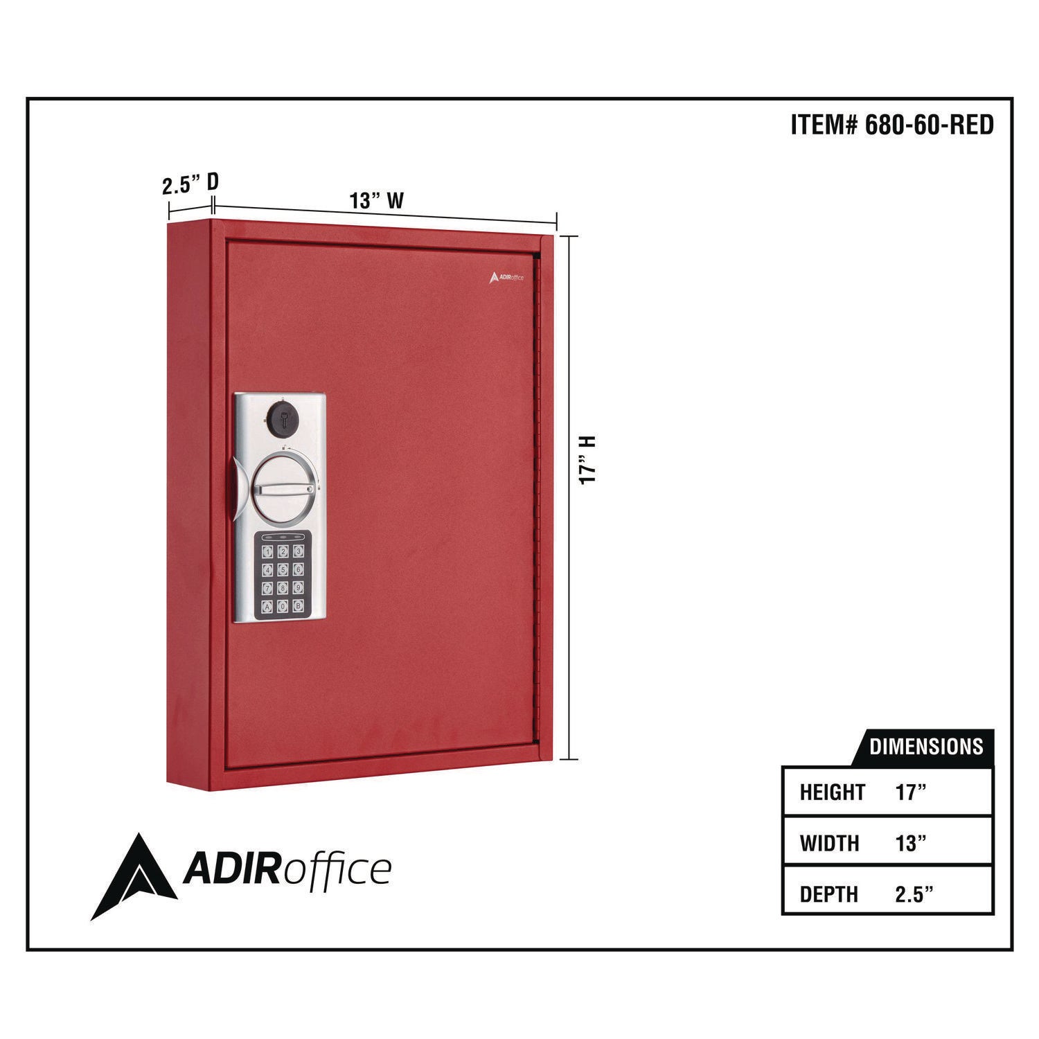 AdirOffice Steel Digital Lock Key Cabinet, 60-Key, 13 x 2.6 x 17, Stainless Steel 304, Red