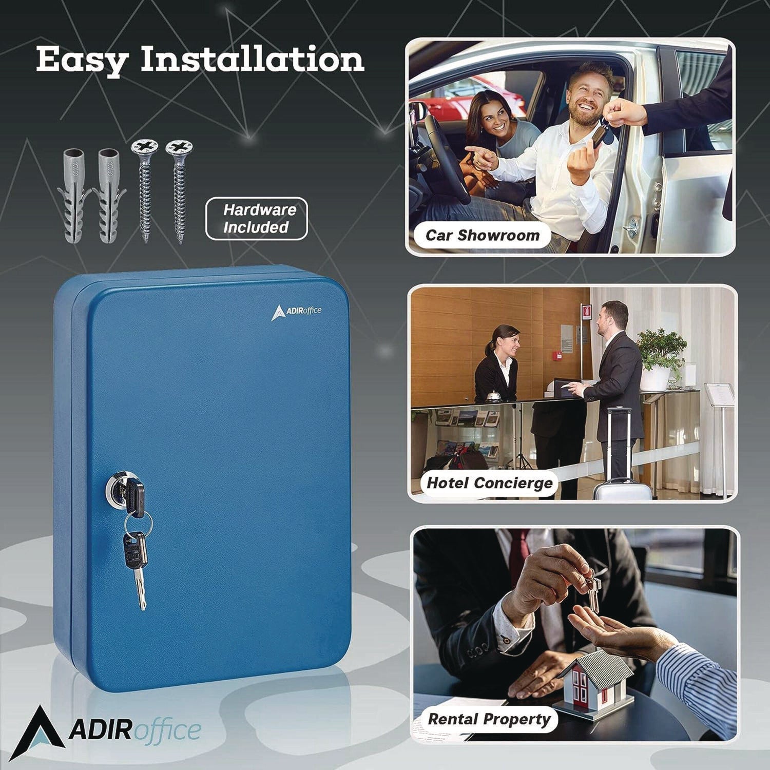 AdirOffice Steel Secure Key Cabinet with Key Lock, 48-Key, 7.1 x 3.1 x 10, Stainless Steel 304, Blue