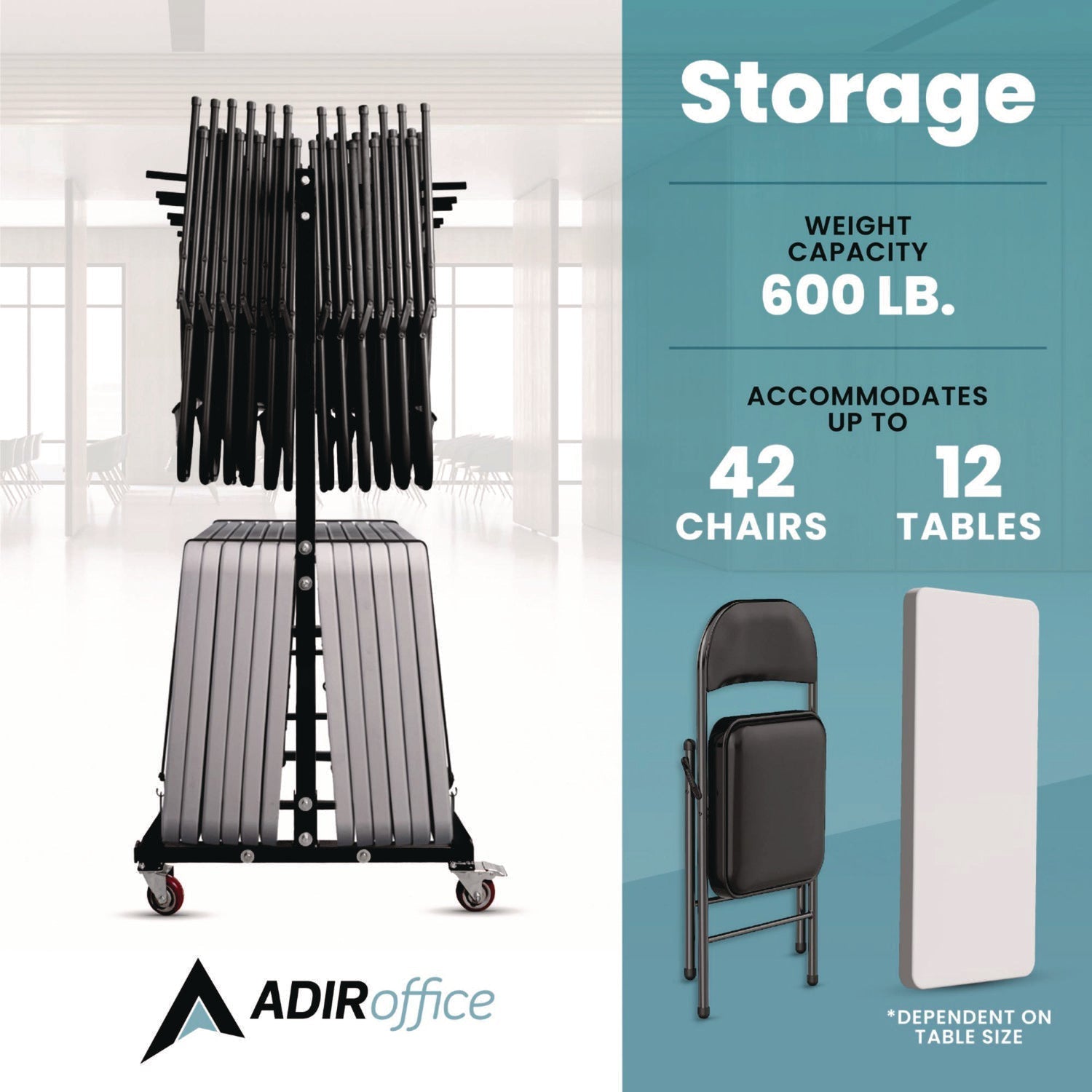 AdirOffice Folding Chair and Table Combo Cart, Metal, 600 lb Capacity, 33.7 x 65 x 67, Black