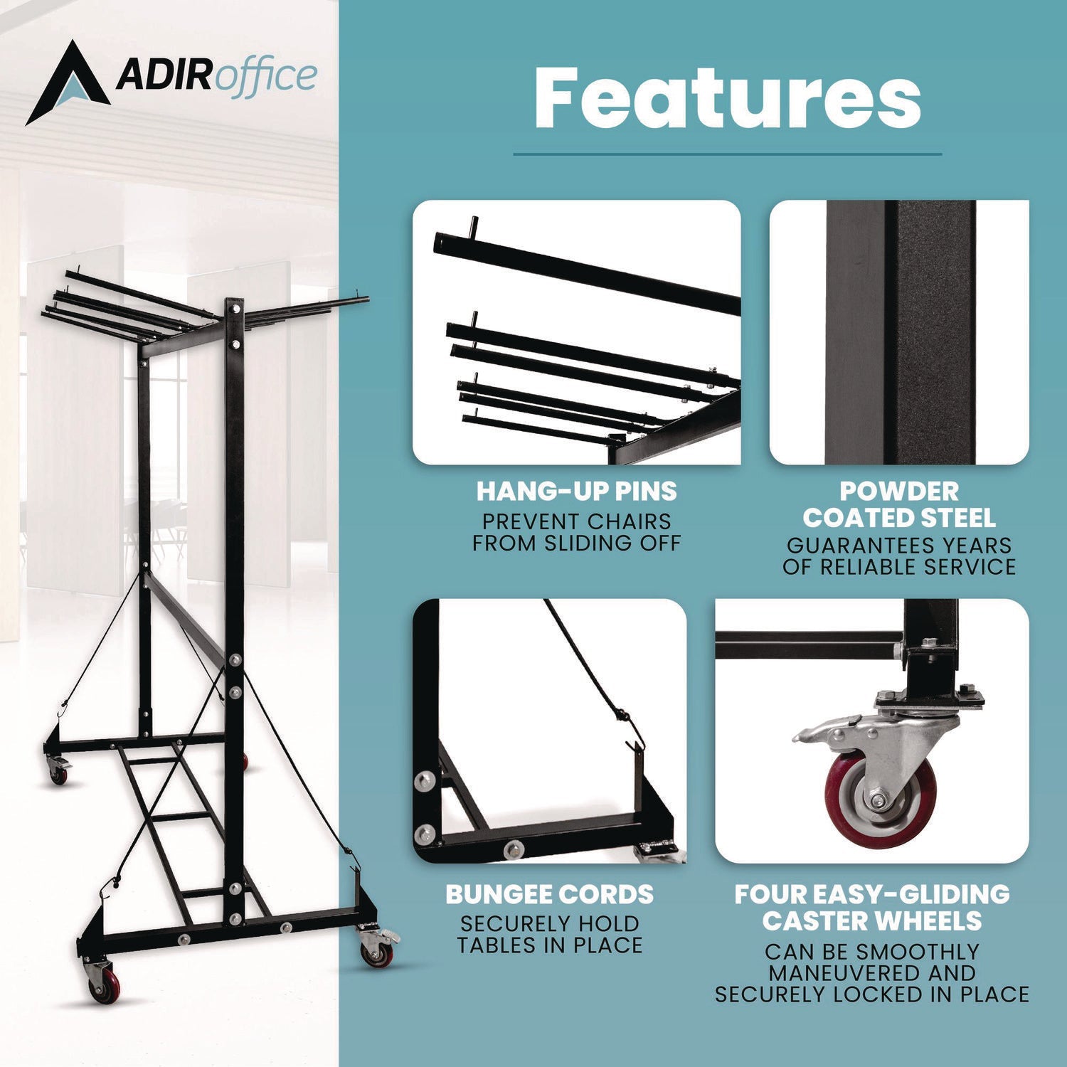AdirOffice Folding Chair and Table Combo Cart, Metal, 600 lb Capacity, 33.7 x 65 x 67, Black