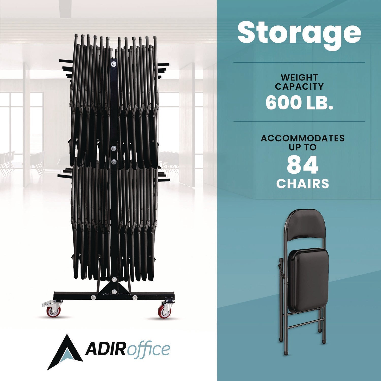 AdirOffice Steel Folding Chair Two-Tier Utility Cart, Metal, 1,000 lb Capacity, 33 x 65 x 68.5, Black