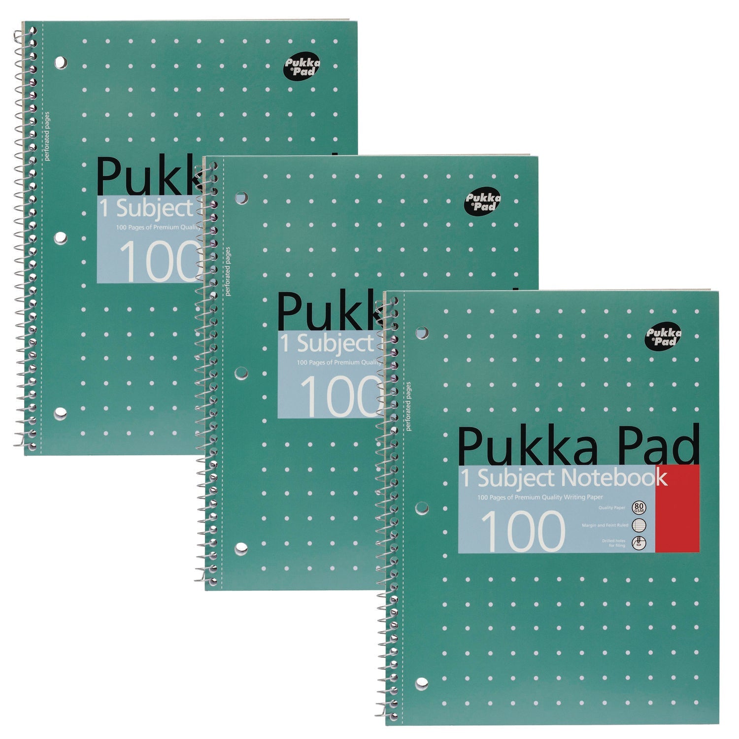 PUKKA PAD® Letter Size 1-Subject Notebook, Medium/College Rule, Metallic Green Cover with White Dots, (50), 10.5 x 8 Sheets, 3/Pack