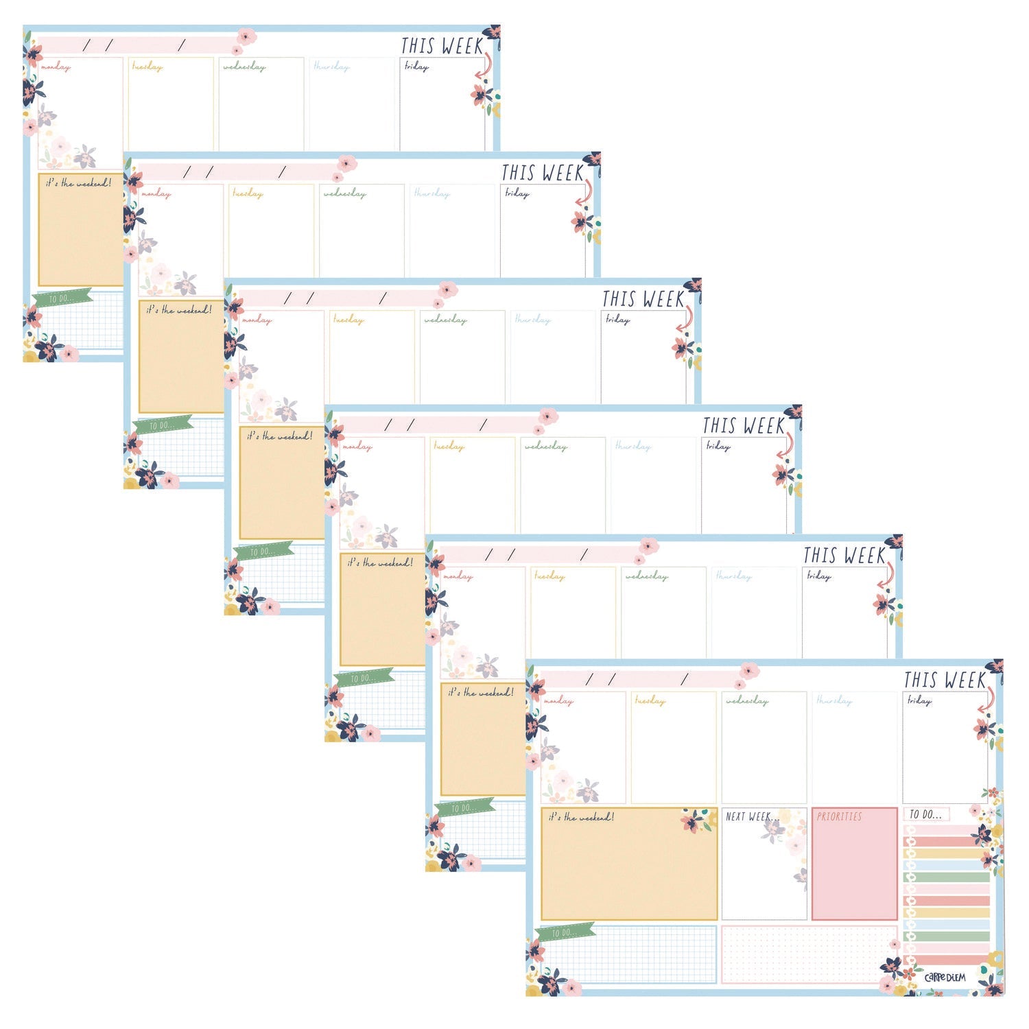 PUKKA PAD® Weekly Planner Pad, Floral, 11.7 x 8.3, Blue/Pink/White/Yellow Cover, 12-Month, Undated, 6/Pack