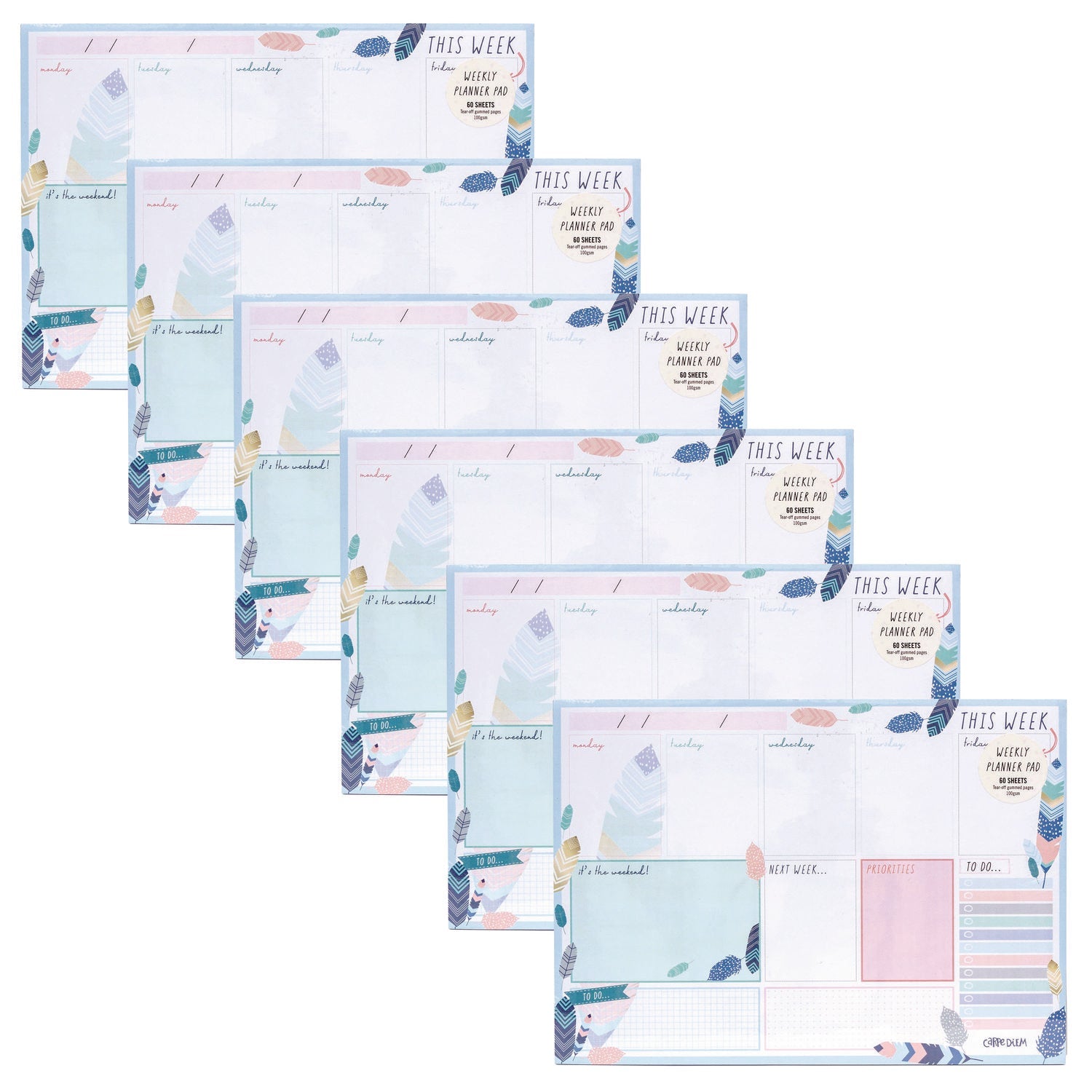 PUKKA PAD® Weekly Planner Pad, Feathers, 11.7 x 8.3, Blue/Cream/Pink Cover, 12-Month, Undated, 6/Pack