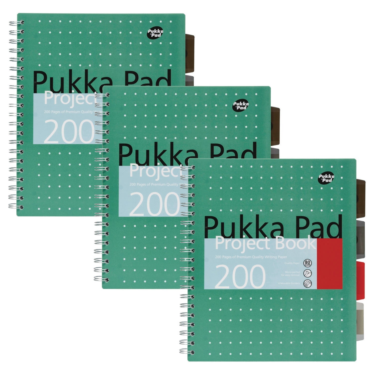 PUKKA PAD® Letter Size Project Book, 5-Subject, Medium/College Rule, Metallic Green with White Dots Cover, (100) 11 x 8.5 Sheets, 3/Pack