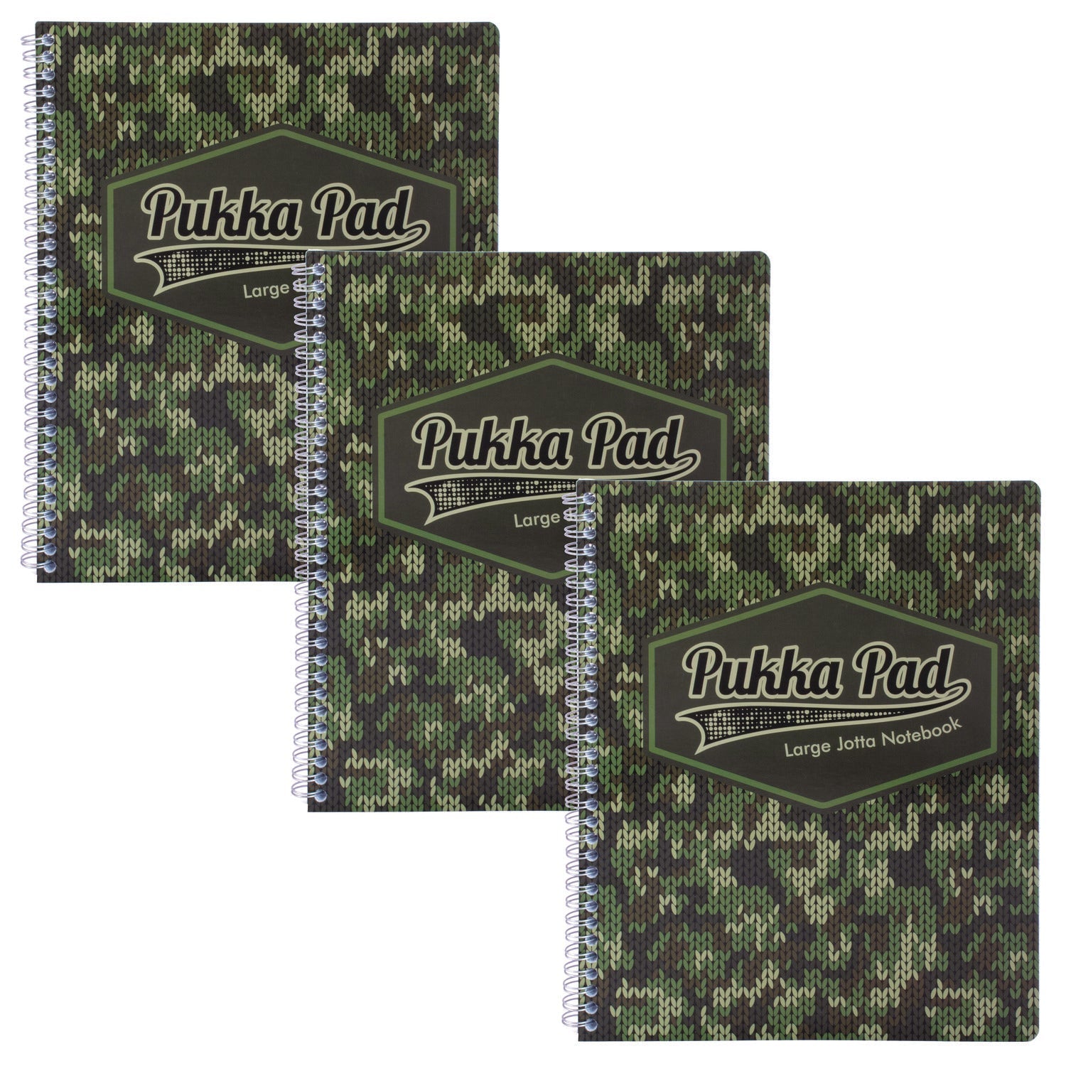 PUKKA PAD® Letter Size Notebook, 1-Subject, Medium/College Rule, Green/Black Camo Knit Cover, (100) 11 x 8.5 Sheets, 3/Pack