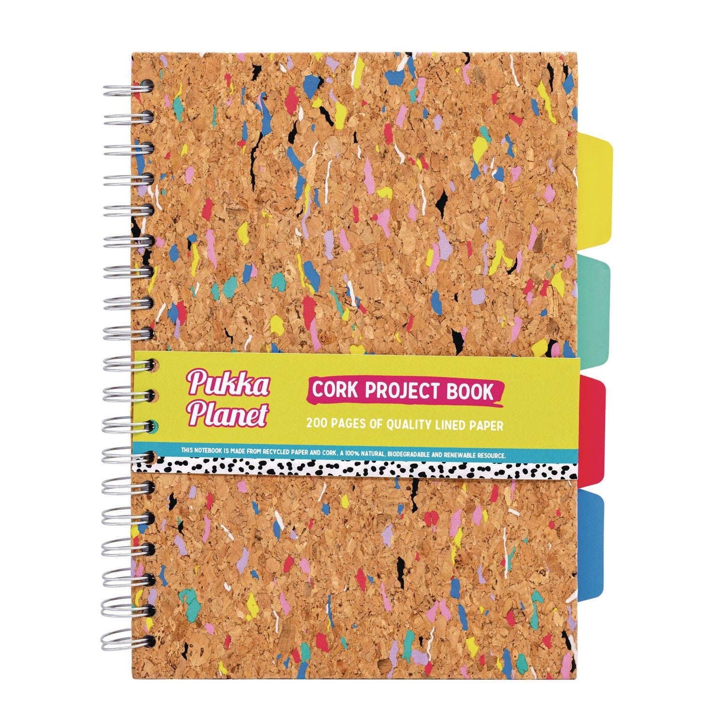 PUKKA PAD® B5 Size Eco Project Book, 4-Subject, Medium/College Rule, Cork/Multicolor Cover, (100) 9.8 x 6.9 Sheets