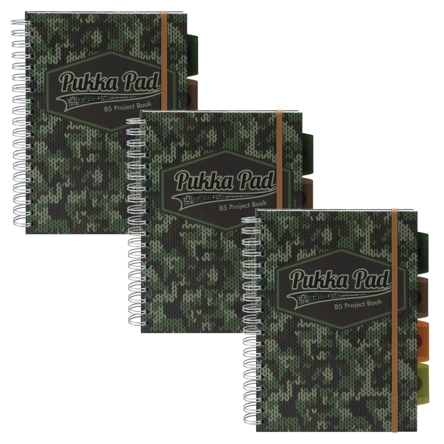 PUKKA PAD® B5 Size Project Book, 4-Subject, Medium/College Rule, Black/Green Camo Knit Cover, (100) 9.8 x 6.9 Sheets, 3/Pack