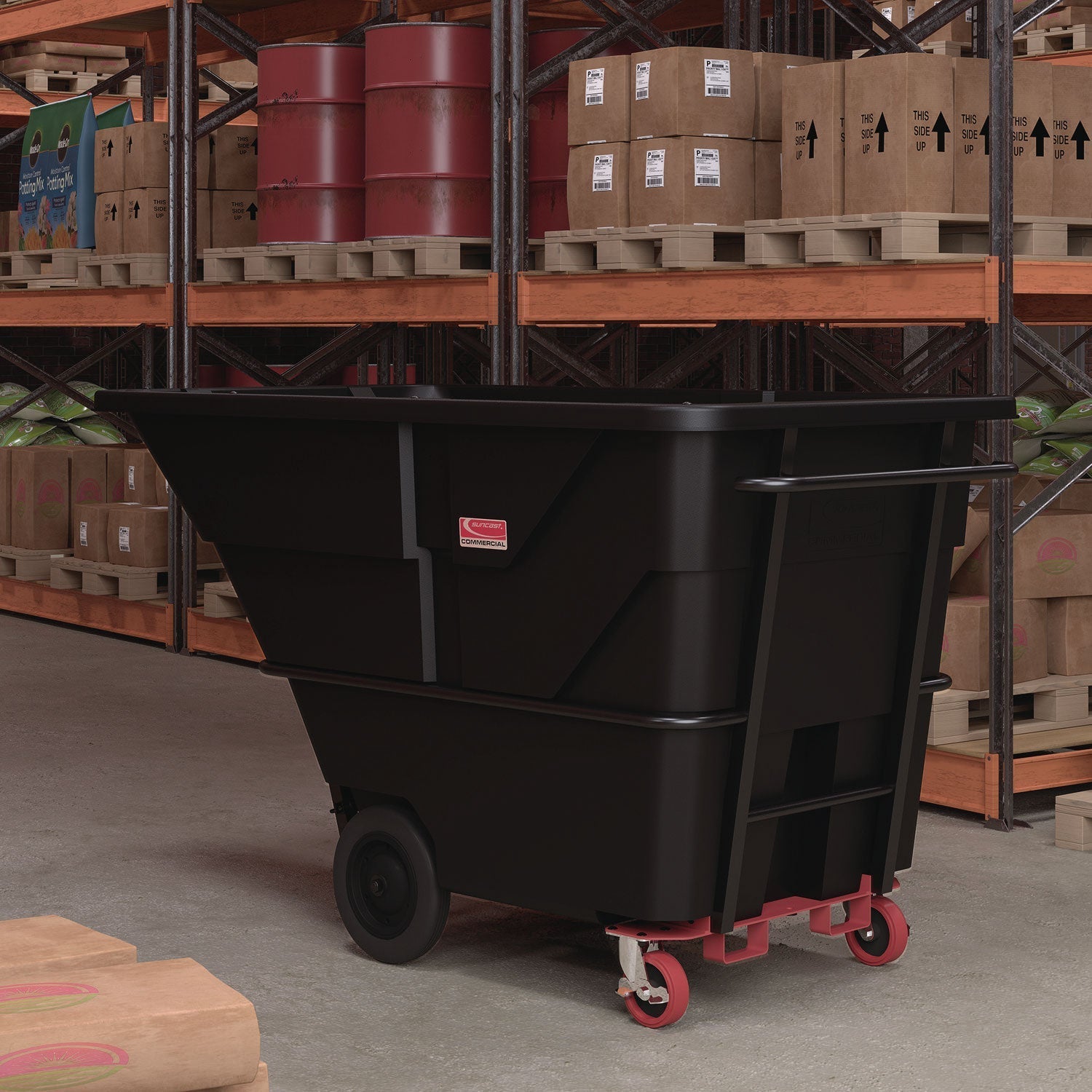 Suncast Commercial® 2 cu yd Heavy Duty Tilt Truck, Forkliftable Frame, 2,300 lb Capacity, Black/Red
