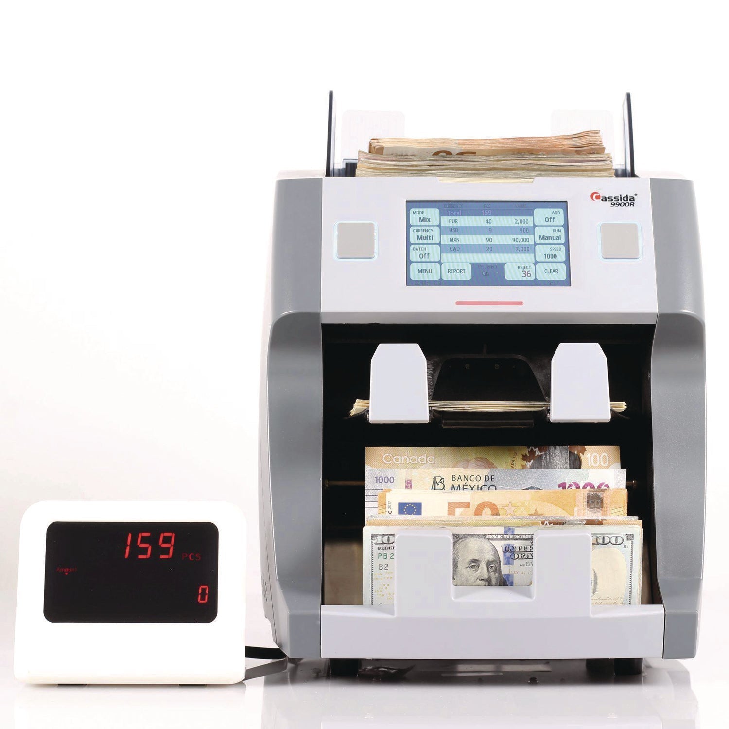 Cassida 9900R Two-Pocket Mixed Bill Counter, 3-Speeds: 800 Bills/Min, 1,000 Bills/Min, 1,200 Bills/Min, 9.5 x 11 x 10.4, Gray