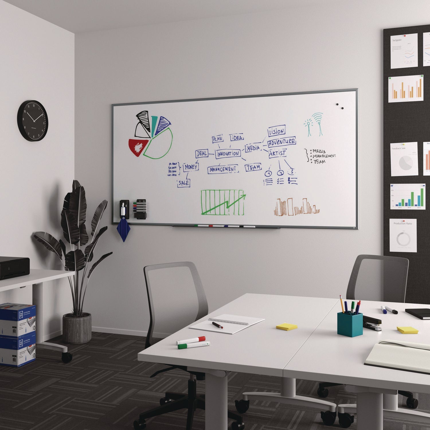 TRU RED™ Magnetic Steel Dry Erase Board, 48" x 96", White Surface, White Aluminum Frame