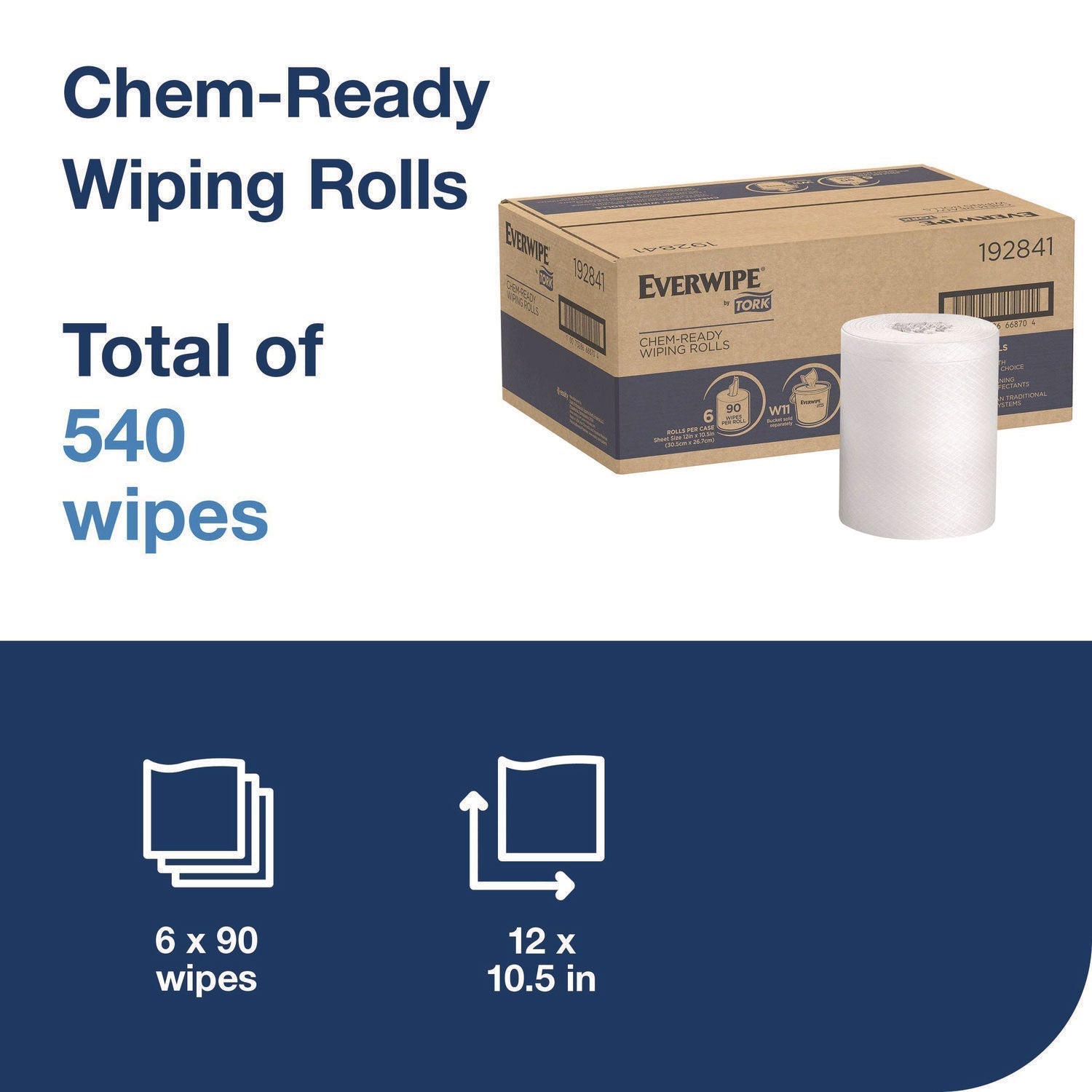 Tork® Chem-Ready Wiping Rolls, 1-Ply, 12 x 12, White, 90 Sheets, 6 Rolls/Carton