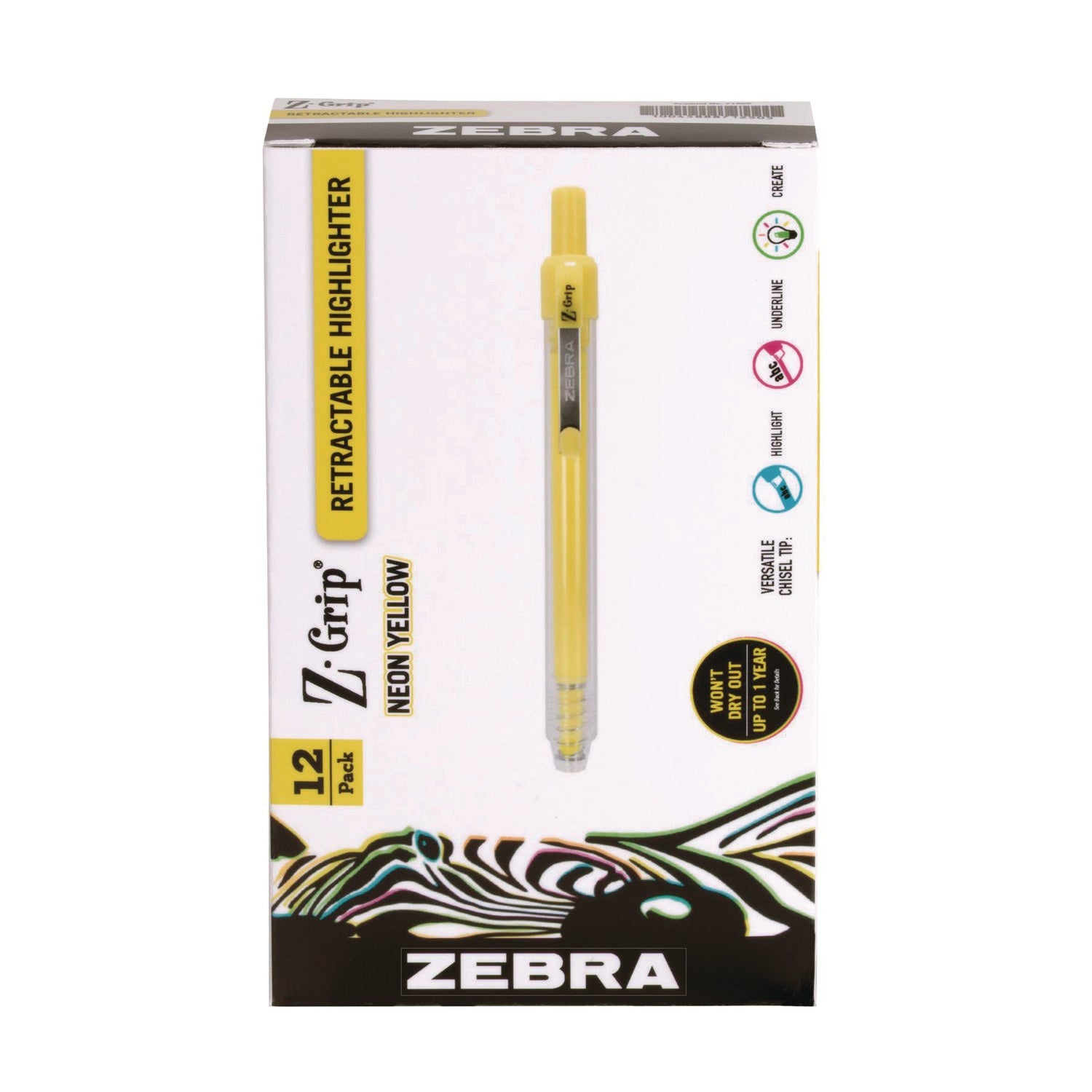 Zebra® Z-Grip Retractable Highlighter Markers, Neon Yellow Ink, Chisel Tip, Neon Yellow Barrel, Dozen