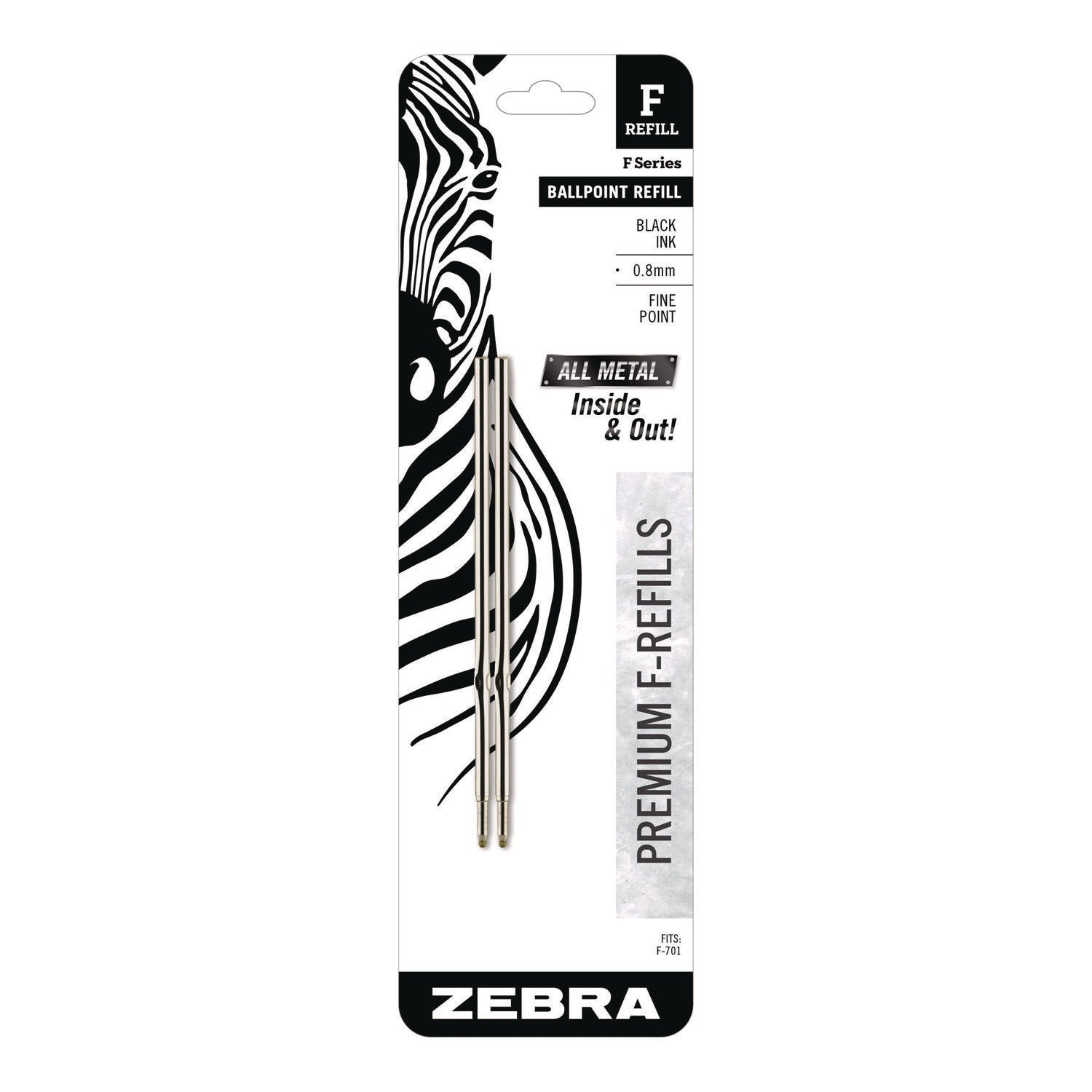 Zebra® F-Series Ballpoint Stainless Steel Pen Refill, Fine 0.8 mm Conical Tip, Black Ink, 2/Pack