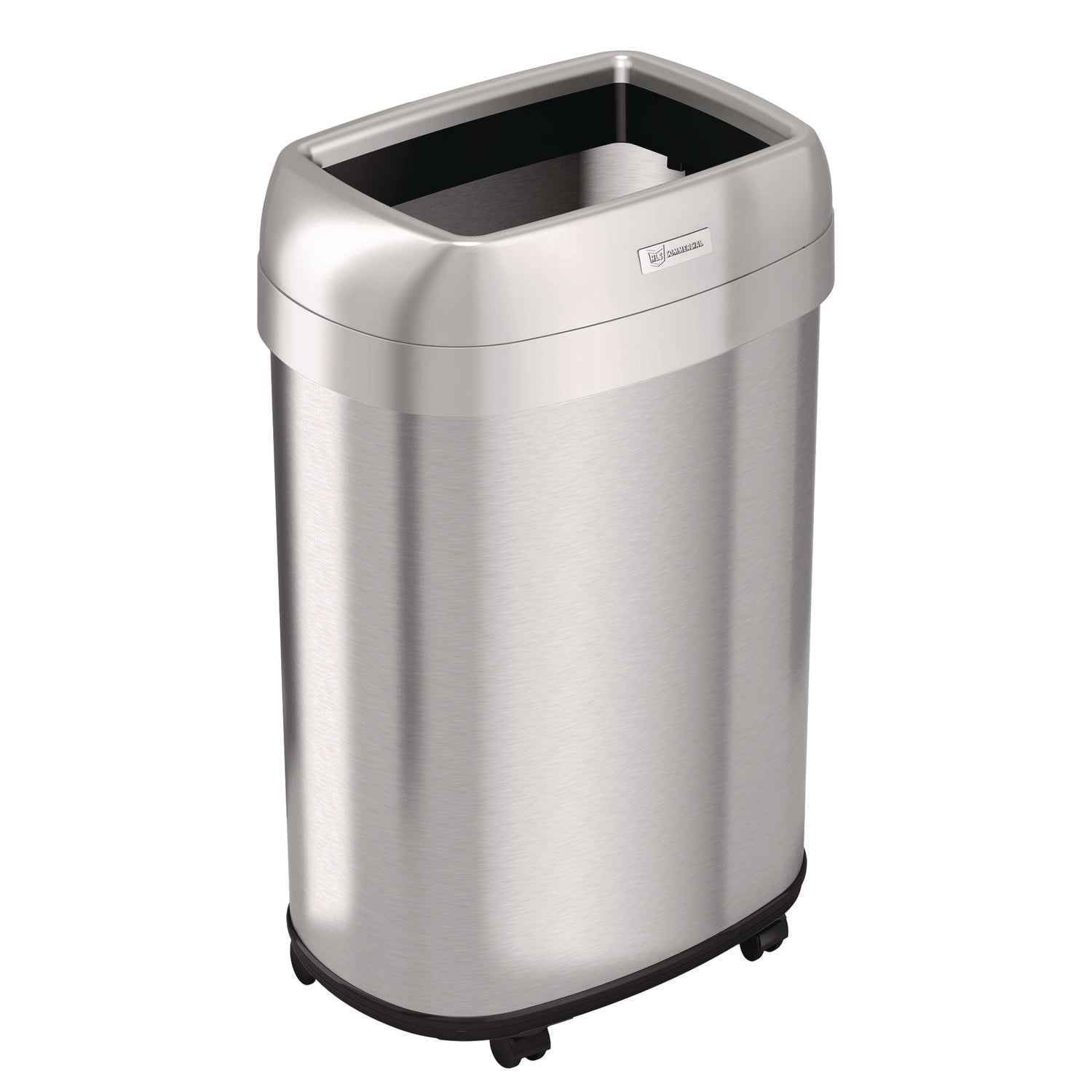 HLS Commercial® Open Top Trash Can with Wheels, Oval, 13 gal, Plastic/Stainless Steel, Silver