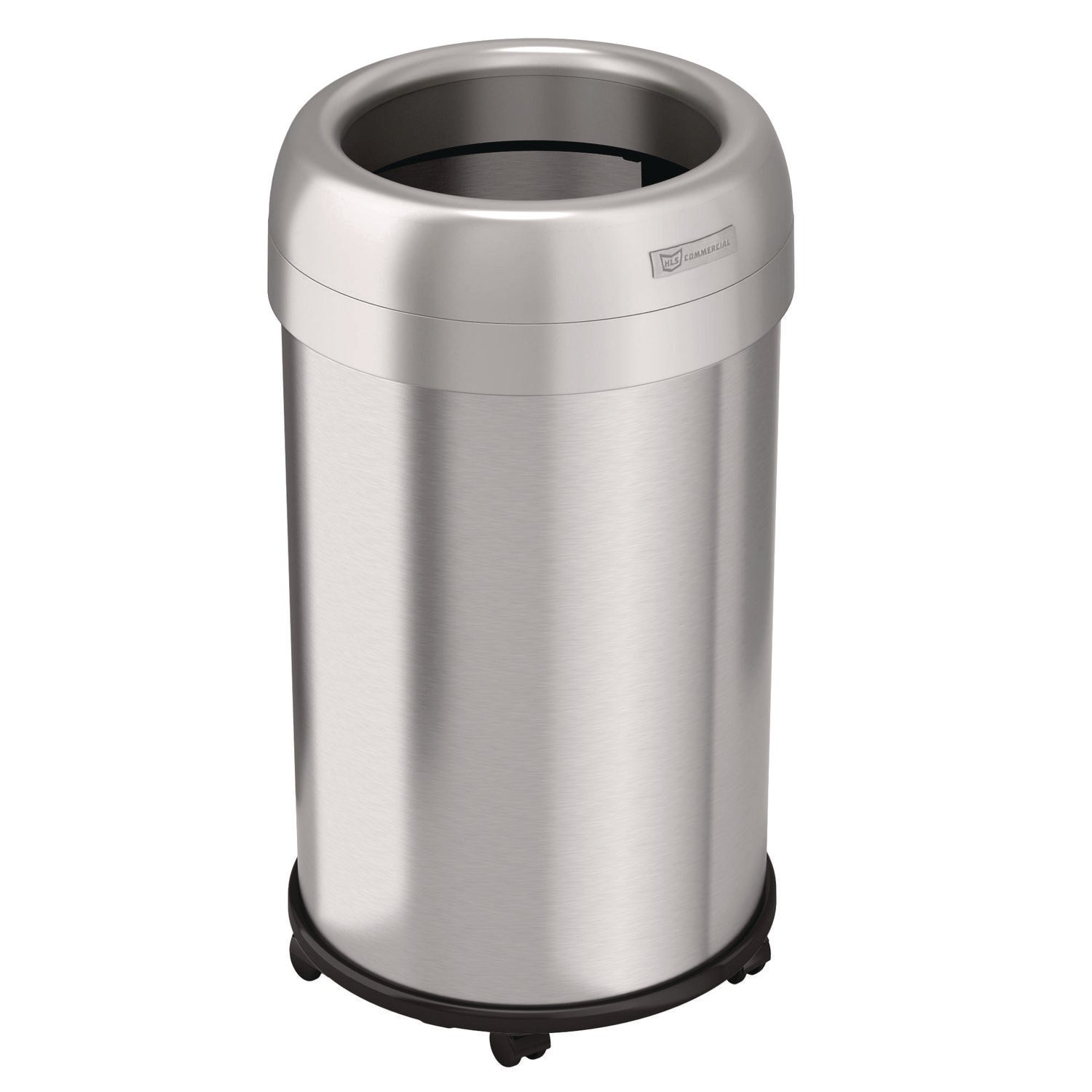 HLS Commercial® Open Top Trash Can with Wheels, Round, 13 gal, Plastic/Stainless Steel, Silver