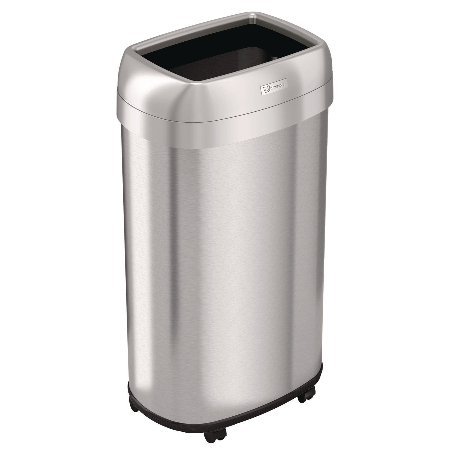 HLS Commercial® Open Top Trash Can with Wheels, Oval, 16 gal, Plastic/Stainless Steel, Silver