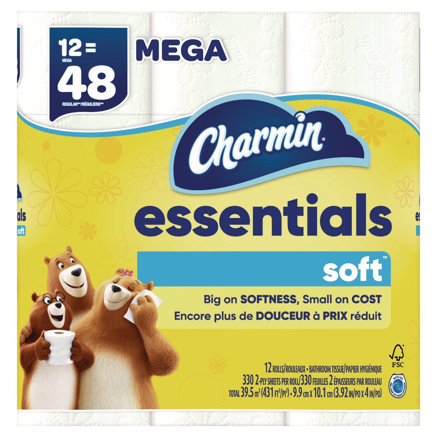 Charmin® Essentials Soft Bathroom Tissue, Septic Safe, 2-Ply, White, 330 Sheets/Roll, 12 Rolls/Pack, 4 Packs/Carton