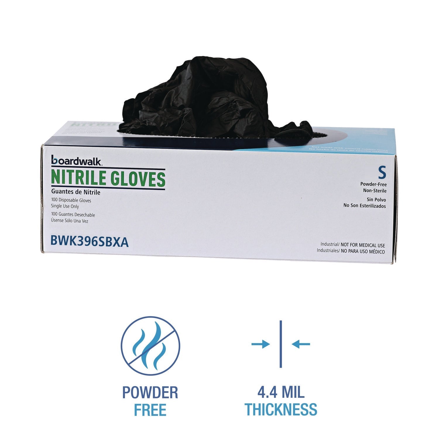 Boardwalk® Disposable General-Purpose Powder-Free Nitrile Gloves, Small, Black, 4.4 mil, 100/Box, 10 Boxes/Carton