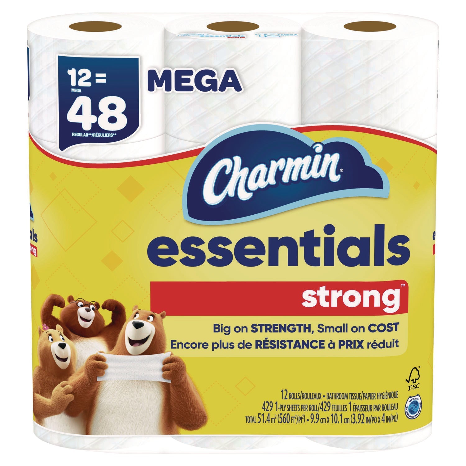 Charmin® Essentials Strong Bathroom Tissue, Septic Safe, 1-Ply, White, 429/Roll, 12 Rolls/Pack, 4 Packs/Carton