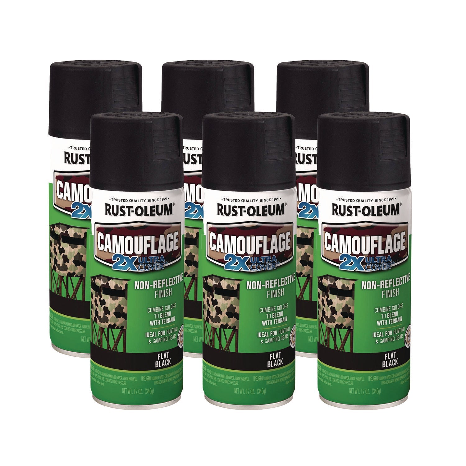 Rust-Oleum® Camouflage Spray Paint, Flat Black, 12 oz Aerosol Can, 6/Carton