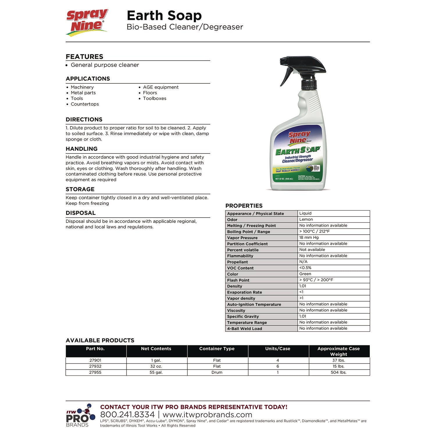 Spray Nine® Earth Soap Concentrated Cleaner/Degreaser, 1 gal Bottle, 4/Carton