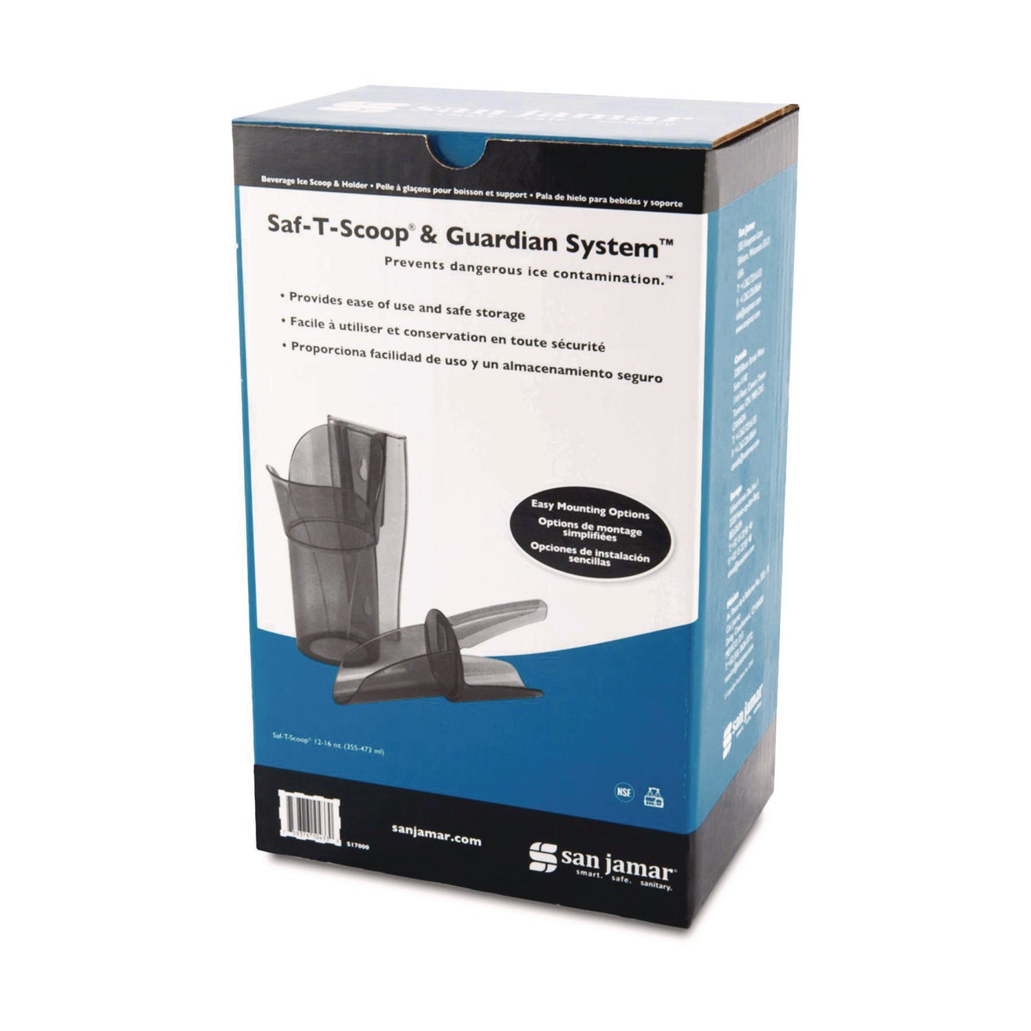 San Jamar® Saf-T-Scoop and Guardian System for Ice Machines, 12 oz to 16 oz Ice Scoop, Transparent Blue, 50/Carton - Bloom Skins