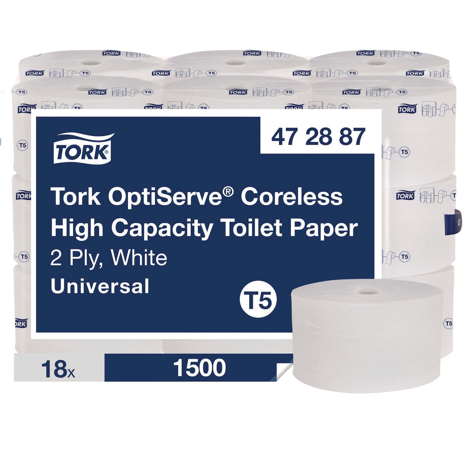 Tork® OptiServe High-Capacity Coreless Toilet Paper, 2-Ply, White, 1,500 Sheets, 18 Rolls/Carton