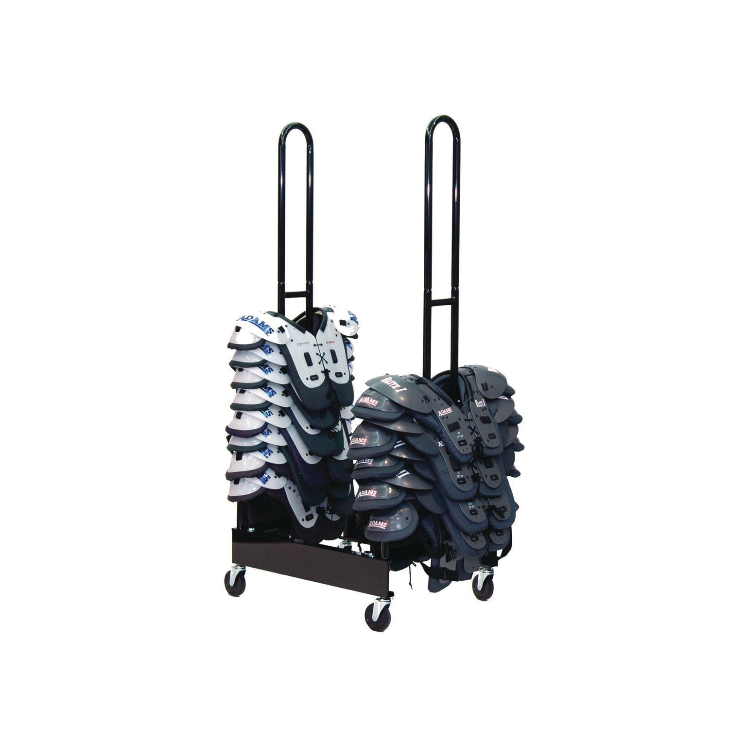 Champion Sports Mobile Two-Stack Shoulder Pad Rack, Metal, 176 lb Capacity, 24" x 30" x 69", Black