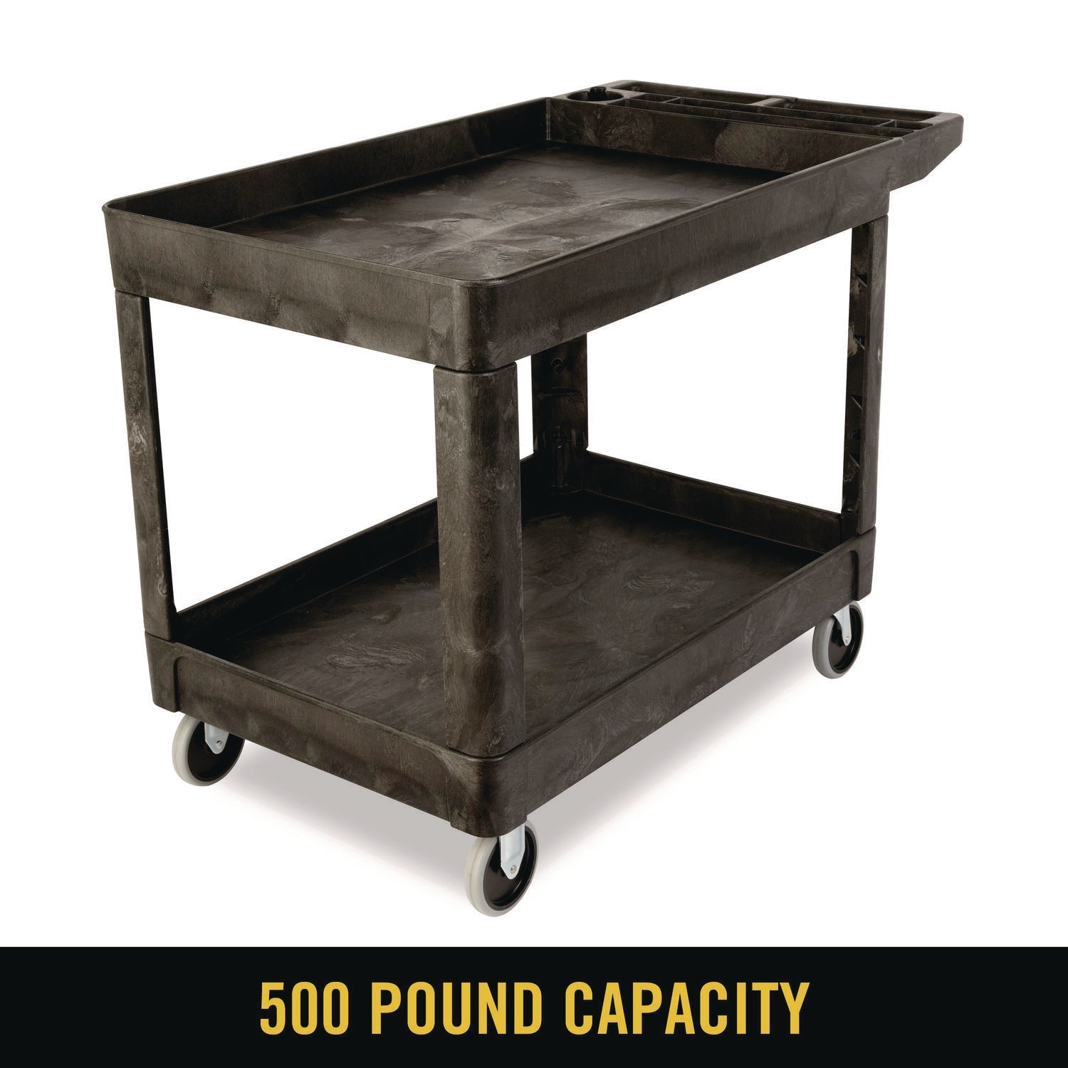 Rubbermaid® Commercial Heavy-Duty Utility Cart with Lipped Shelves, Plastic, 2 Shelves, 500 lb Capacity, 25.78" x 45.25" x 33.25", Black