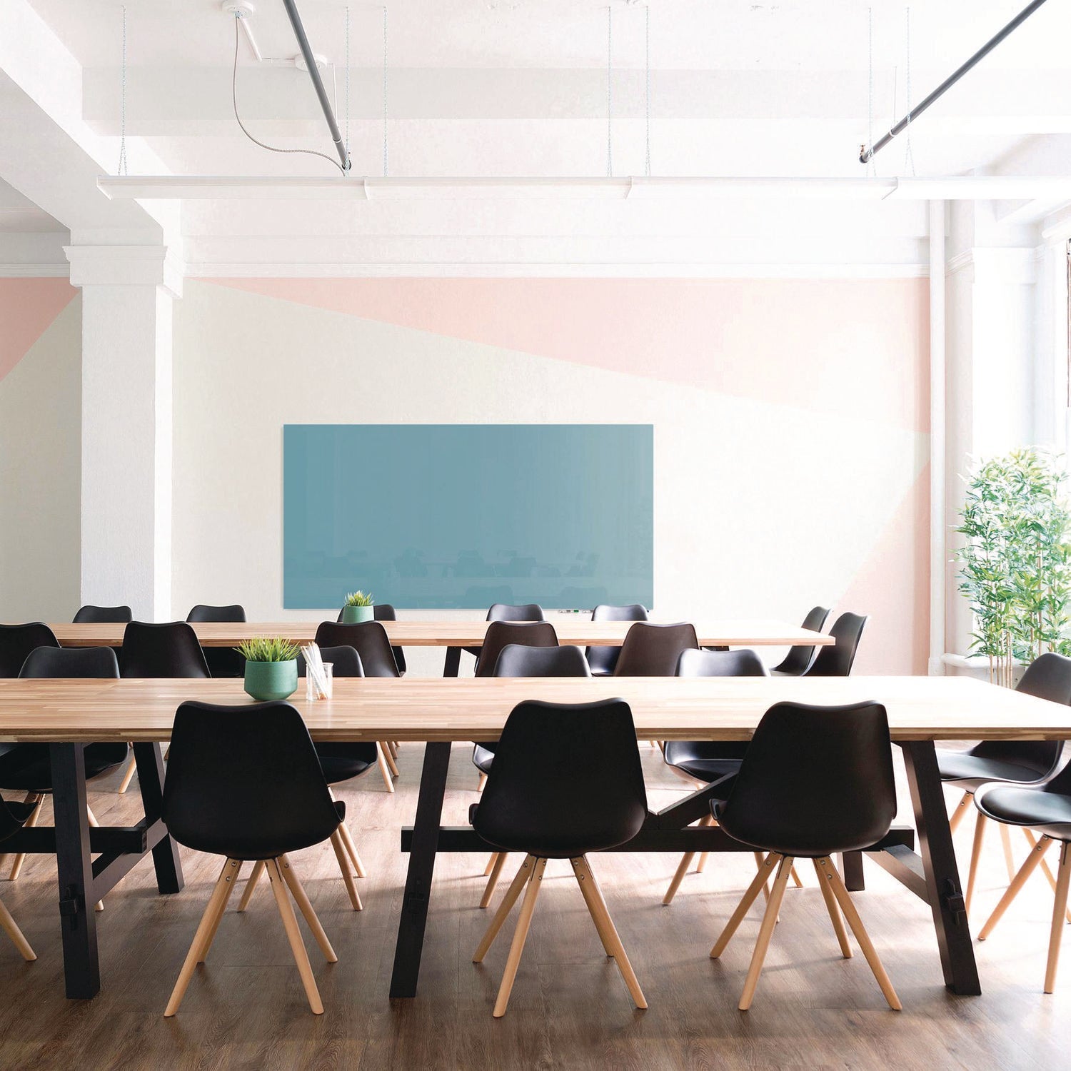 Ghent Aria Low-Profile Frameless Magnetic Glassboard, 72" x 48", Denim Blue Surface