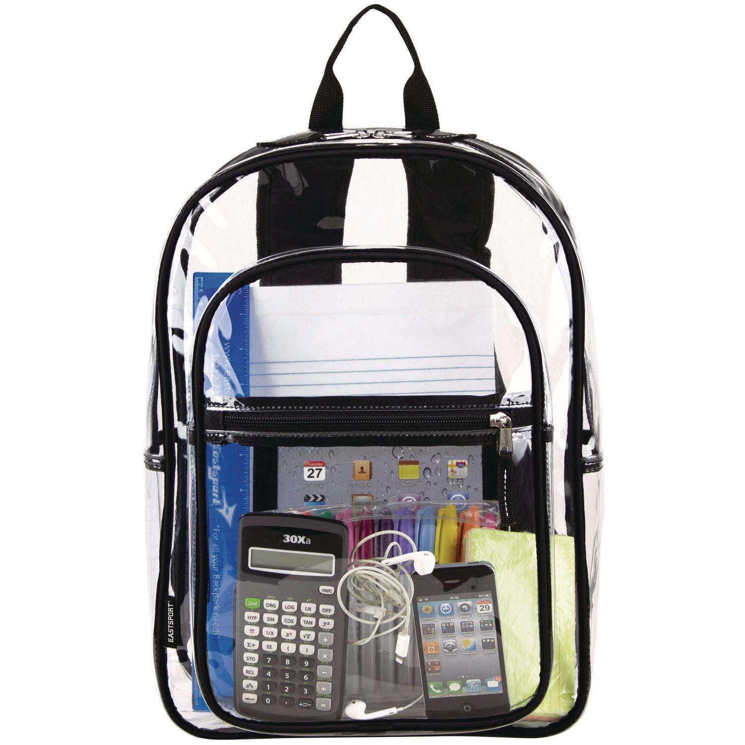 Eastsport® Clear with Color Trim Backpack, 11.5" x 5" x 16.5", Clear/Black