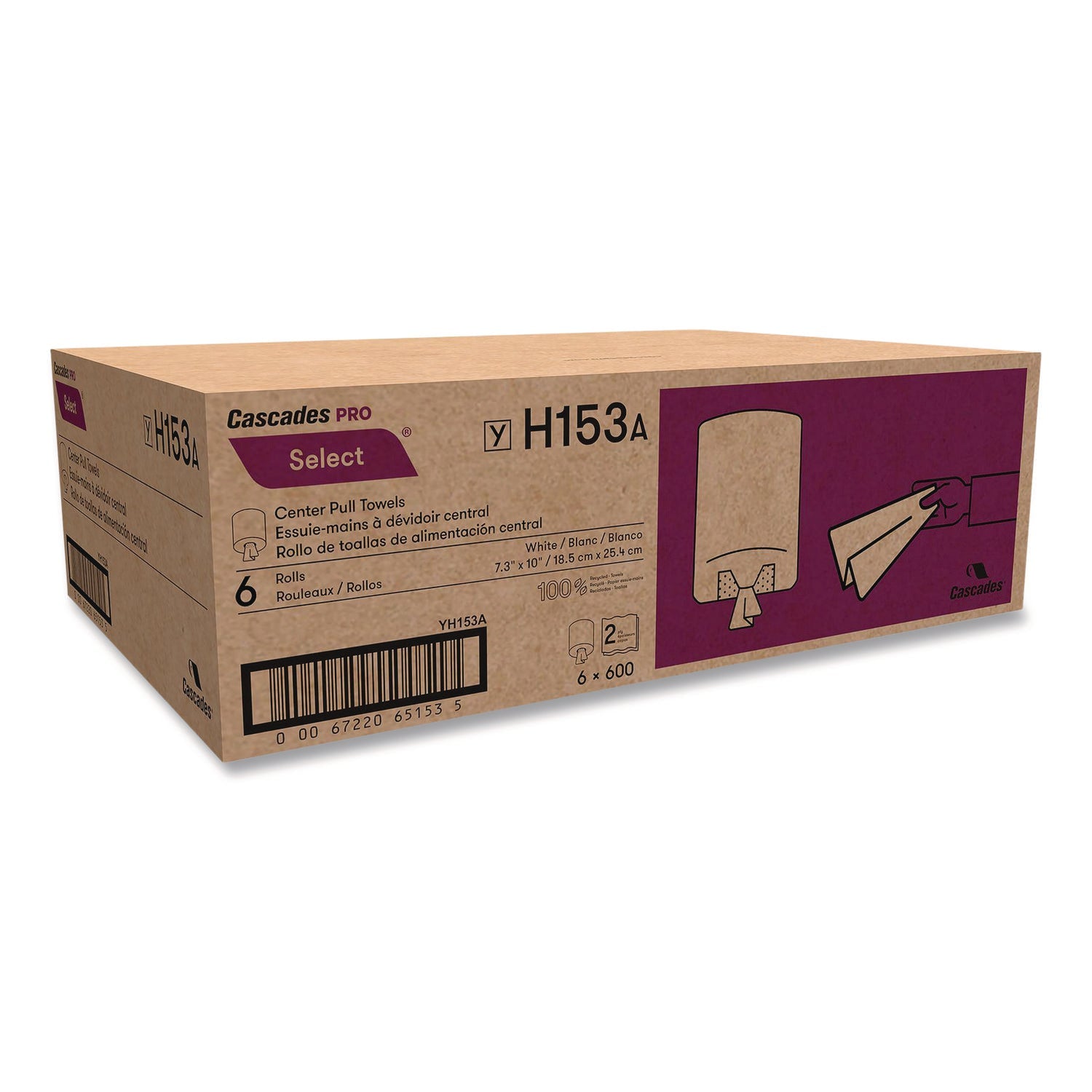 Cascades PRO Select Center-Pull Paper Towels, 2-Ply, 7.3" x 10", White, 600/Roll, 6 Rolls/Carton