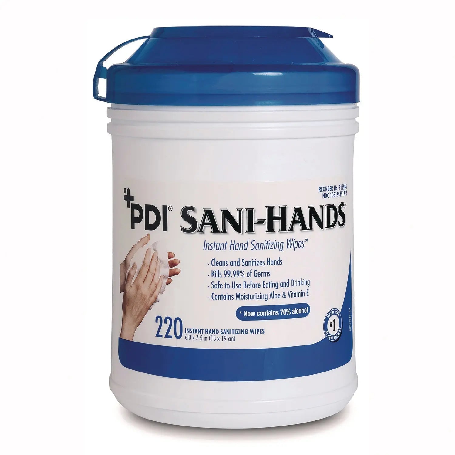 Sani Professional® PDI Sani-Hands Instant Hand Sanitizing Wipes, 7.5 x 6, Unscented, White, 220/Canister, 6 Canisters/Carton