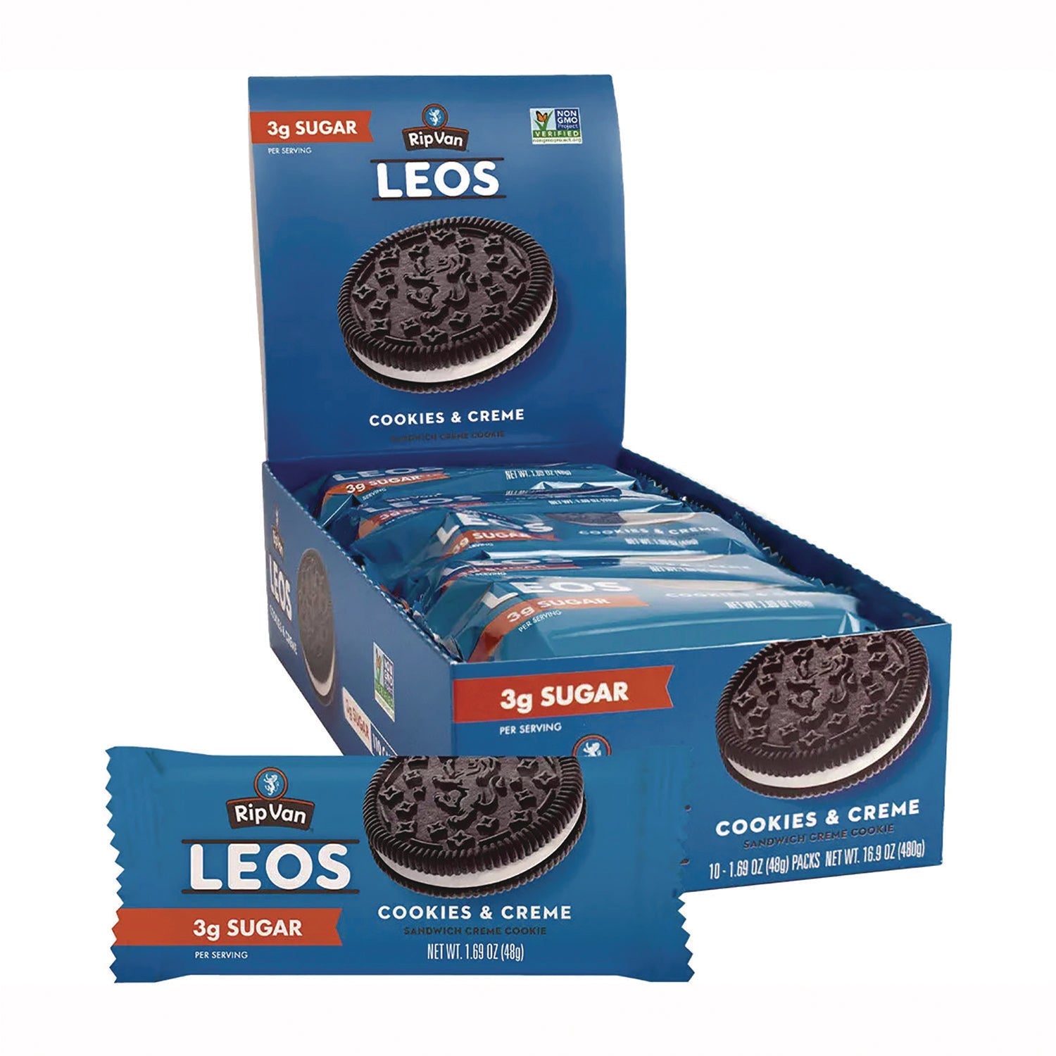 Rip Van® Leos Cookies and Cream Sandwich Cookies, 2 Cookies/Pack, 10 Packs/Box - Bloom Skins