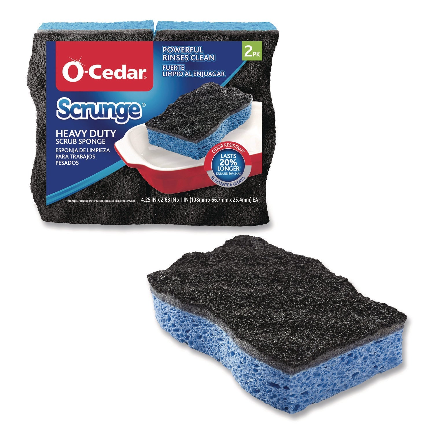 O-Cedar® Scrunge Heavy-Duty Sponge, 2.63" x 4.25", 1" Thick, Black/Blue, 2/Pack, 8 Packs/Carton