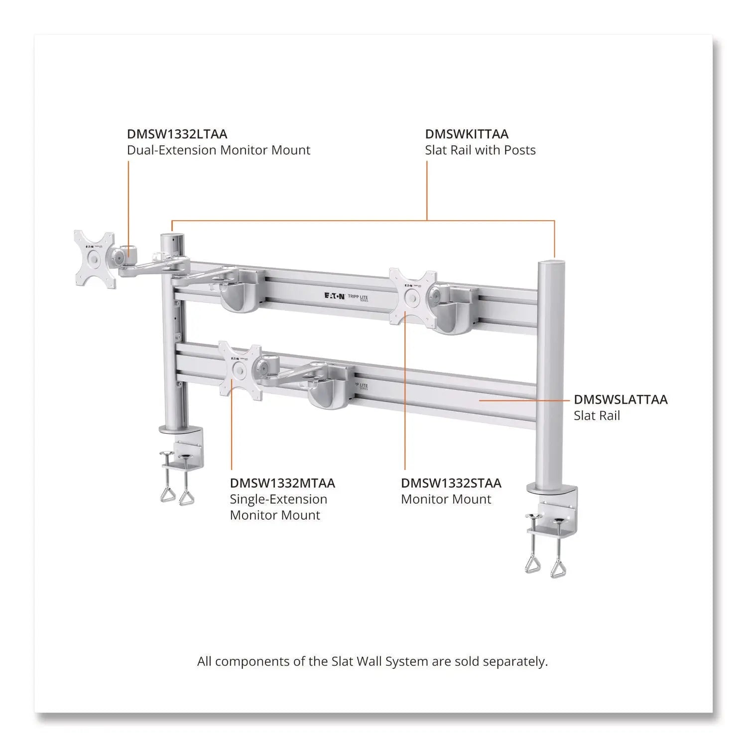 Tripp Lite by Eaton Slat Rail with Posts for Slat Wall System for 32" TVs, 8.1w x 5.7d x 5.51h, Silver, Supports 33 lb