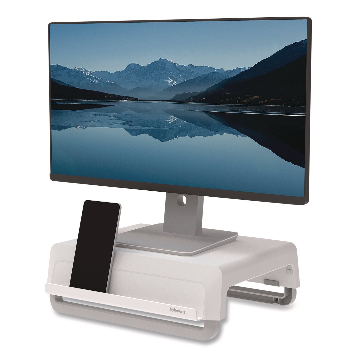 Fellowes® Breyta Monitor Stand, 13.94" x 11.97" x 3.23" to 5.9", White, Supports 33 lb