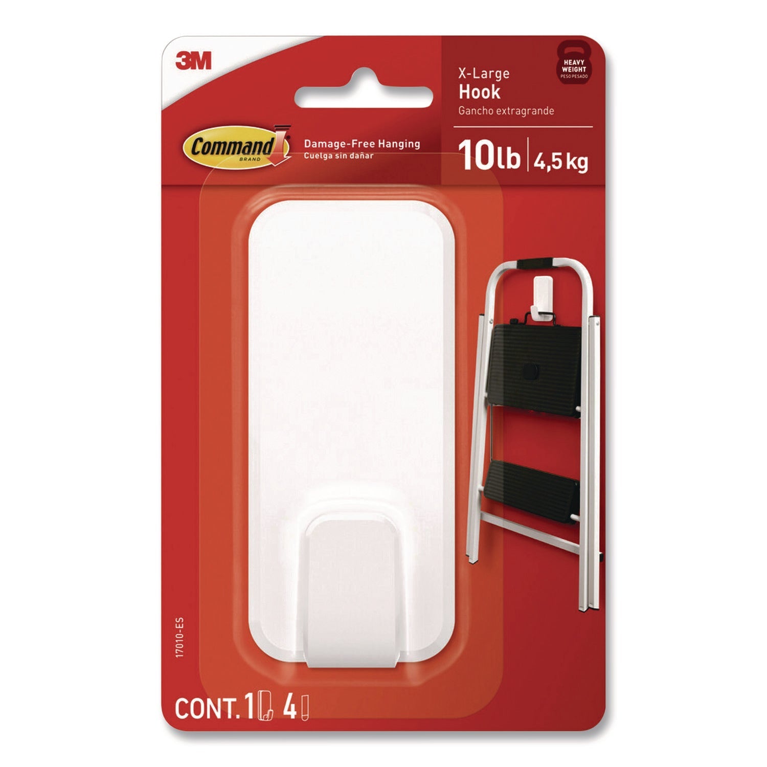 Command™ X-Large Utility Hook, Plastic, White, 10 lb Capacity, 1 Hook and 4 Strips