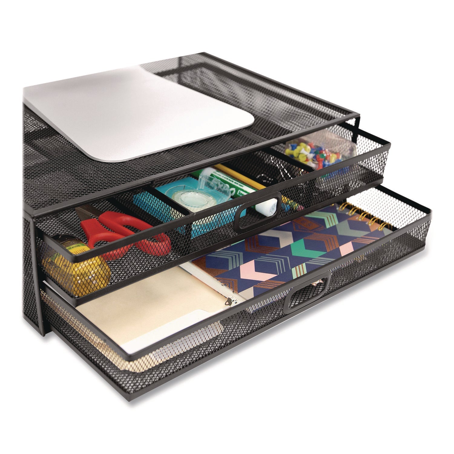 MOUNT-IT! Metal Mesh Monitor Stand with Storage Drawers, For Up to 32" Monitors, 15.8" x 11.8" x 4.7", Black, Supports 30 lb