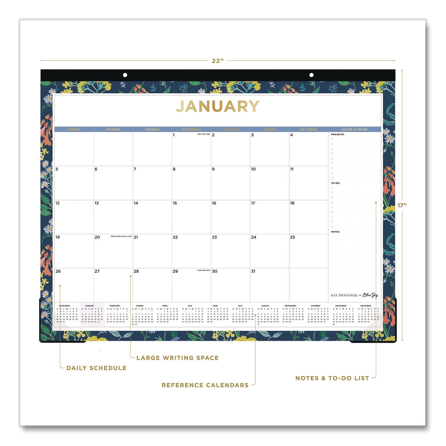 Blue Sky® Meadow Blue Desk Pad Calendar, Floral Artwork, 22 x 17, White/Multicolor Sheet, Black Headband, 12-Month (Jan to Dec): 2025