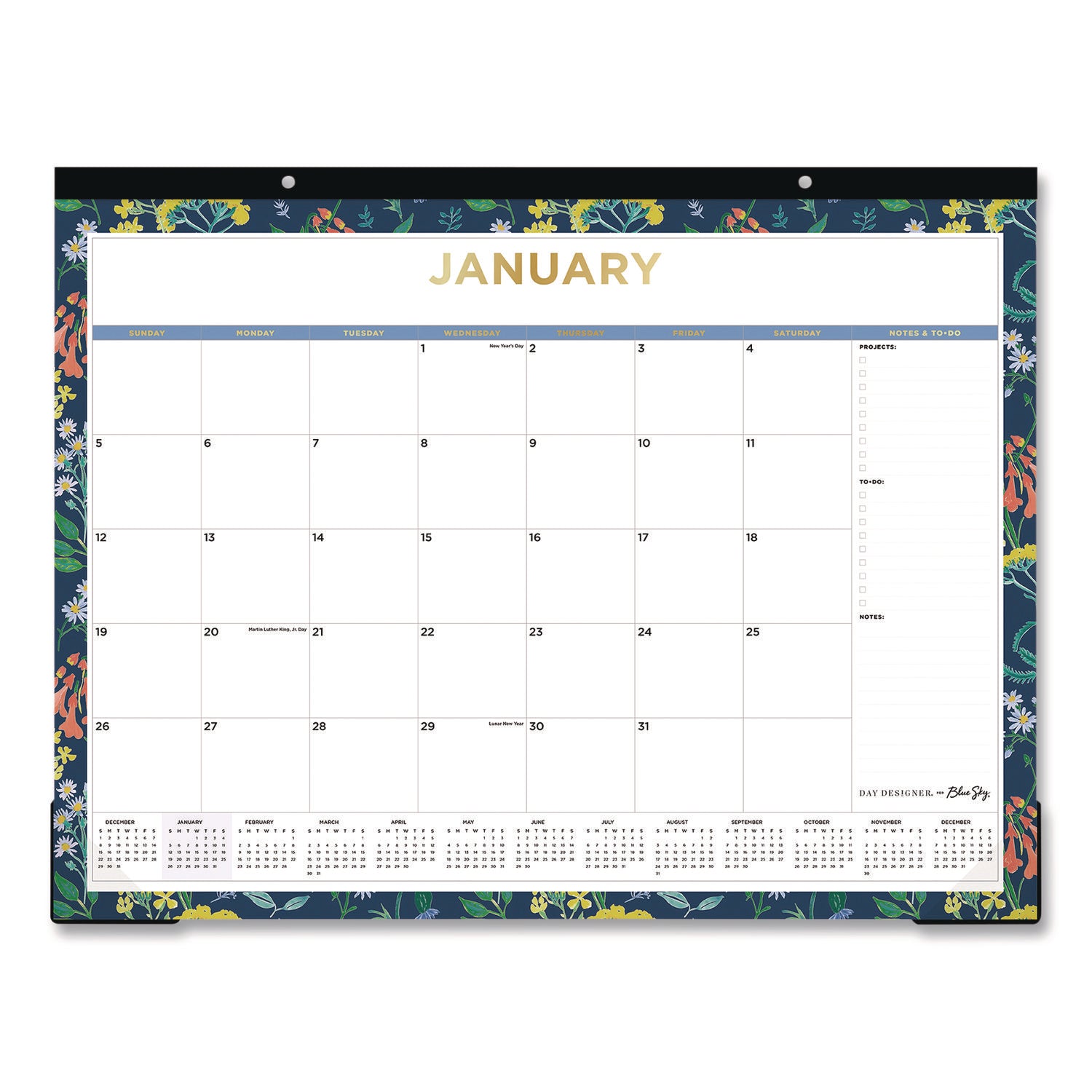 Blue Sky® Meadow Blue Desk Pad Calendar, Floral Artwork, 22 x 17, White/Multicolor Sheet, Black Headband, 12-Month (Jan to Dec): 2025