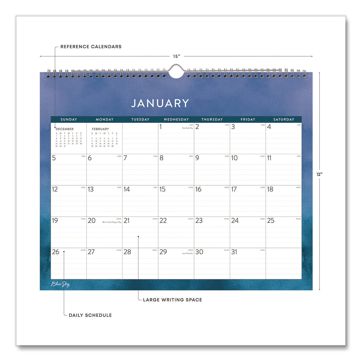 Blue Sky® Savoy Cool Monthly Wall Calendar, Abstract Artwork, 15 x 12, White/Blue Sheets, 12-Month (Jan to Dec): 2025 - Bloom Skins