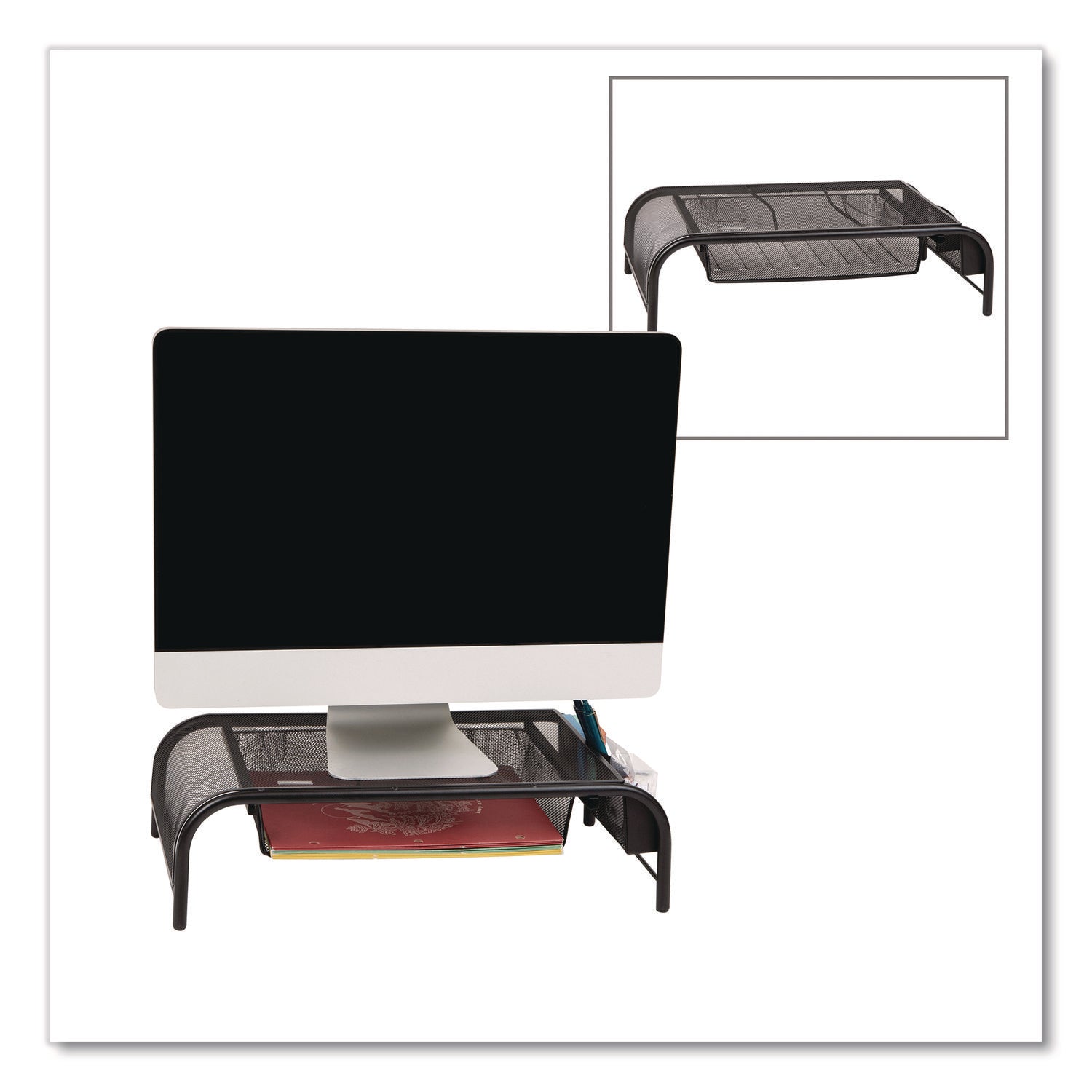 Mind Reader Metal Mesh Monitor Stand with Paper Tray, 20" x 11.5" x 5.5", Black, Supports 33 lb, 2/Pack