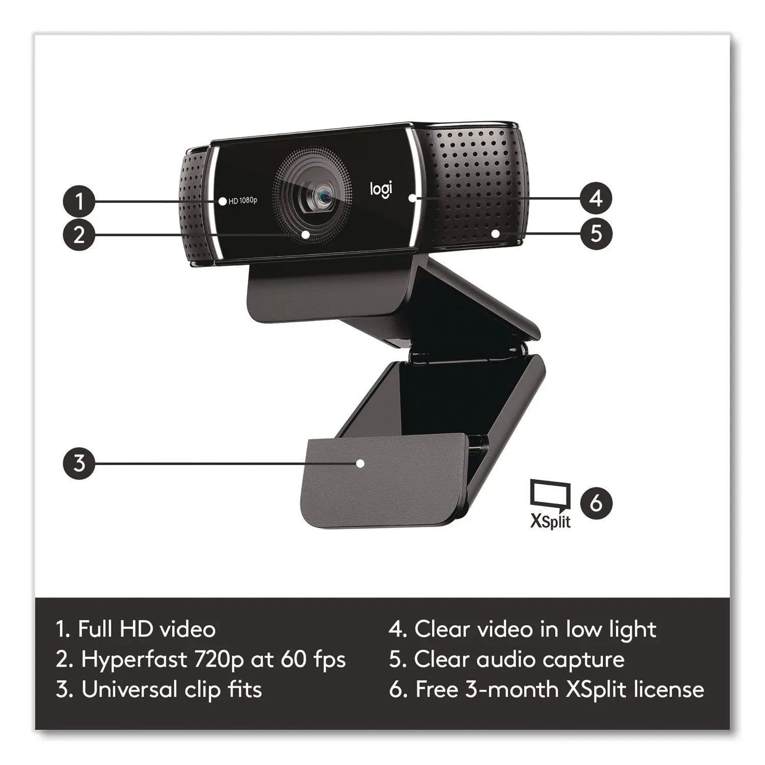 Logitech® C922 Pro Stream Webcam, 1920 pixels x 1080 pixels, 3 Mpixels, Black