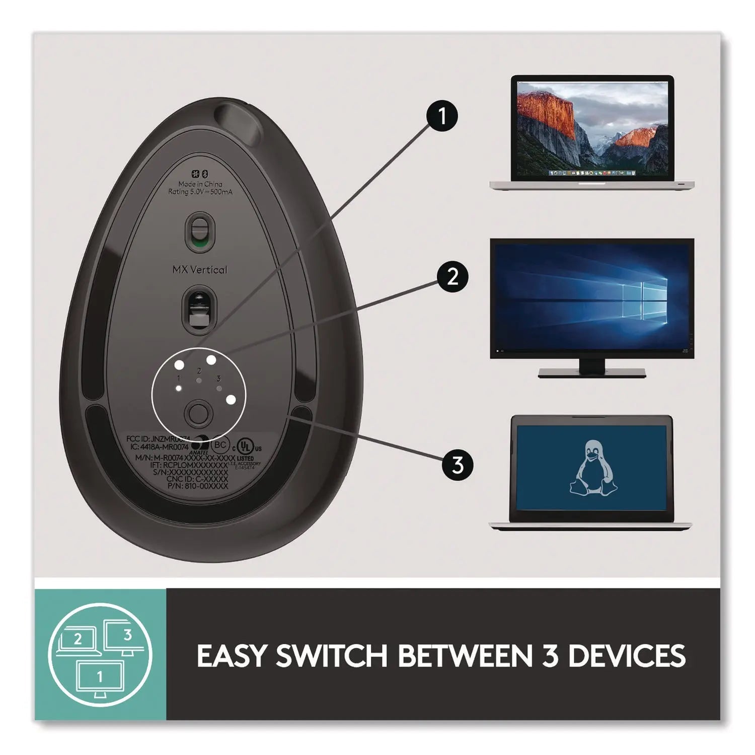 Logitech® MX Vertical Advanced Ergonomic Mouse, 2.4 GHz Frequency/33 ft Wireless Range, Left/Right Hand Use, Graphite