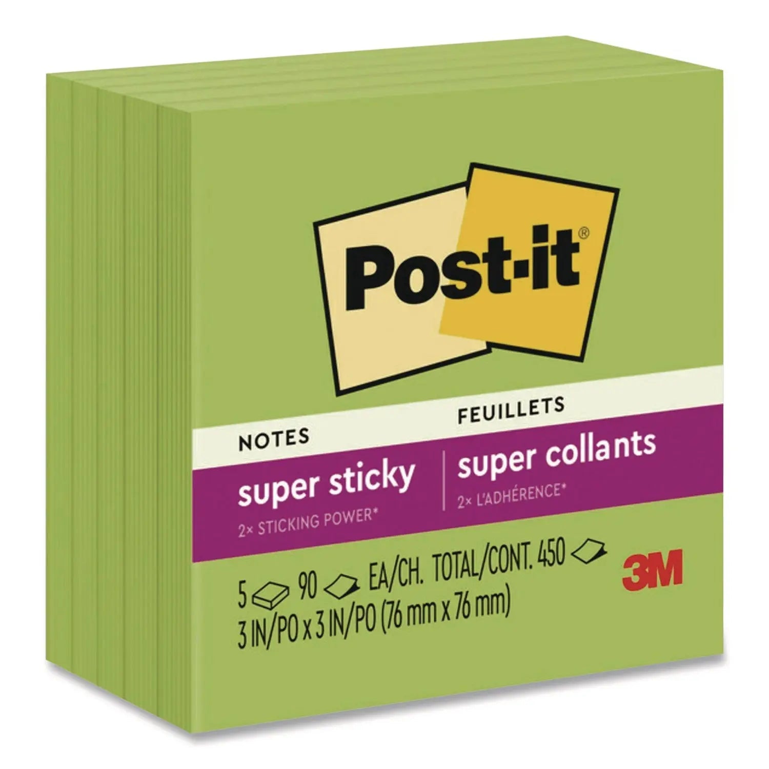 Post-it® Notes Super Sticky Super Sticky Pads in Energy Boost Collection Colors, 3 x 3, Limeade, 90 Sheets/Pad, 5 Pads/Pack